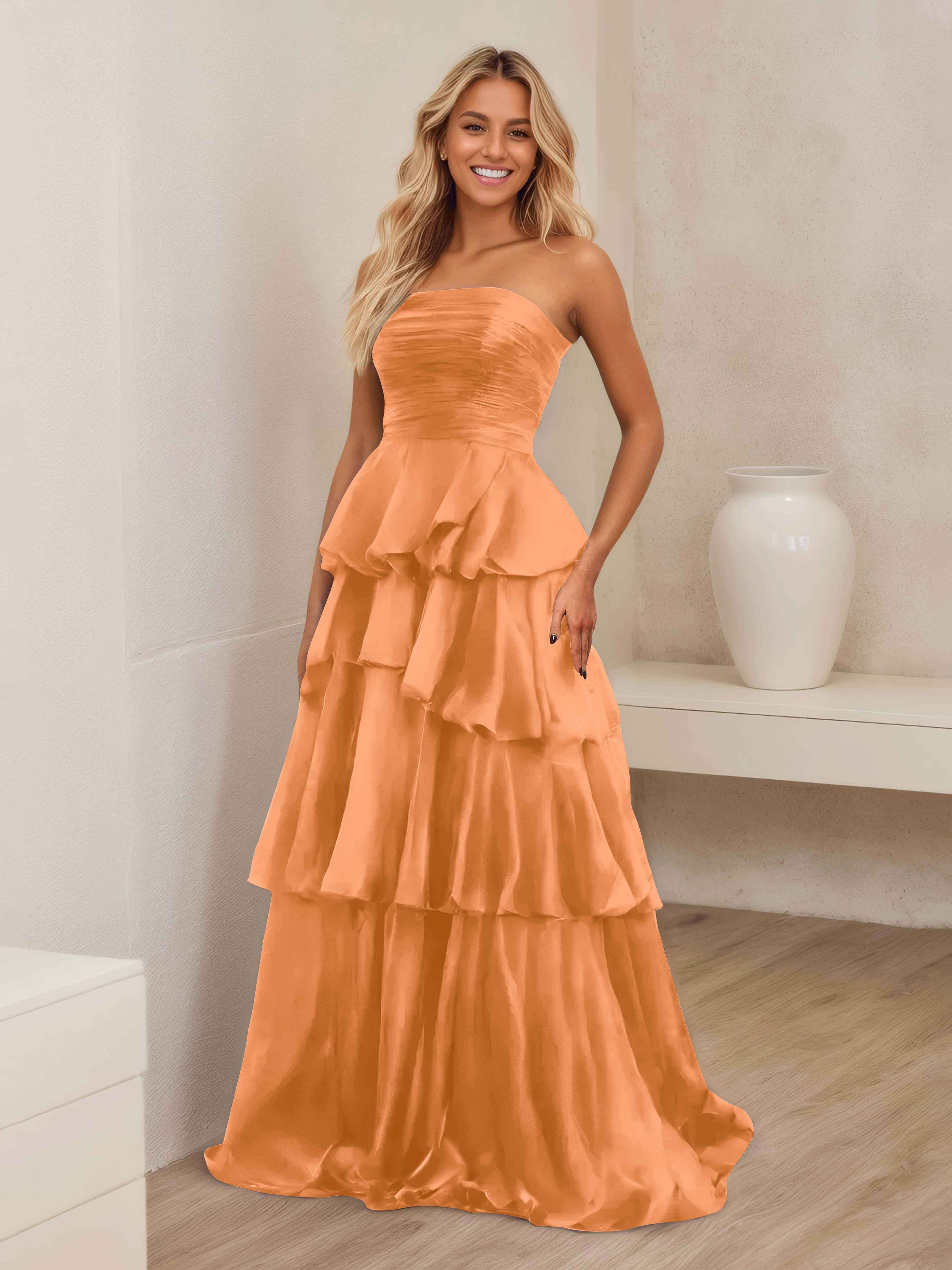 Ellianna Trendy Strapless Tiered Long Satin Formal Dresses