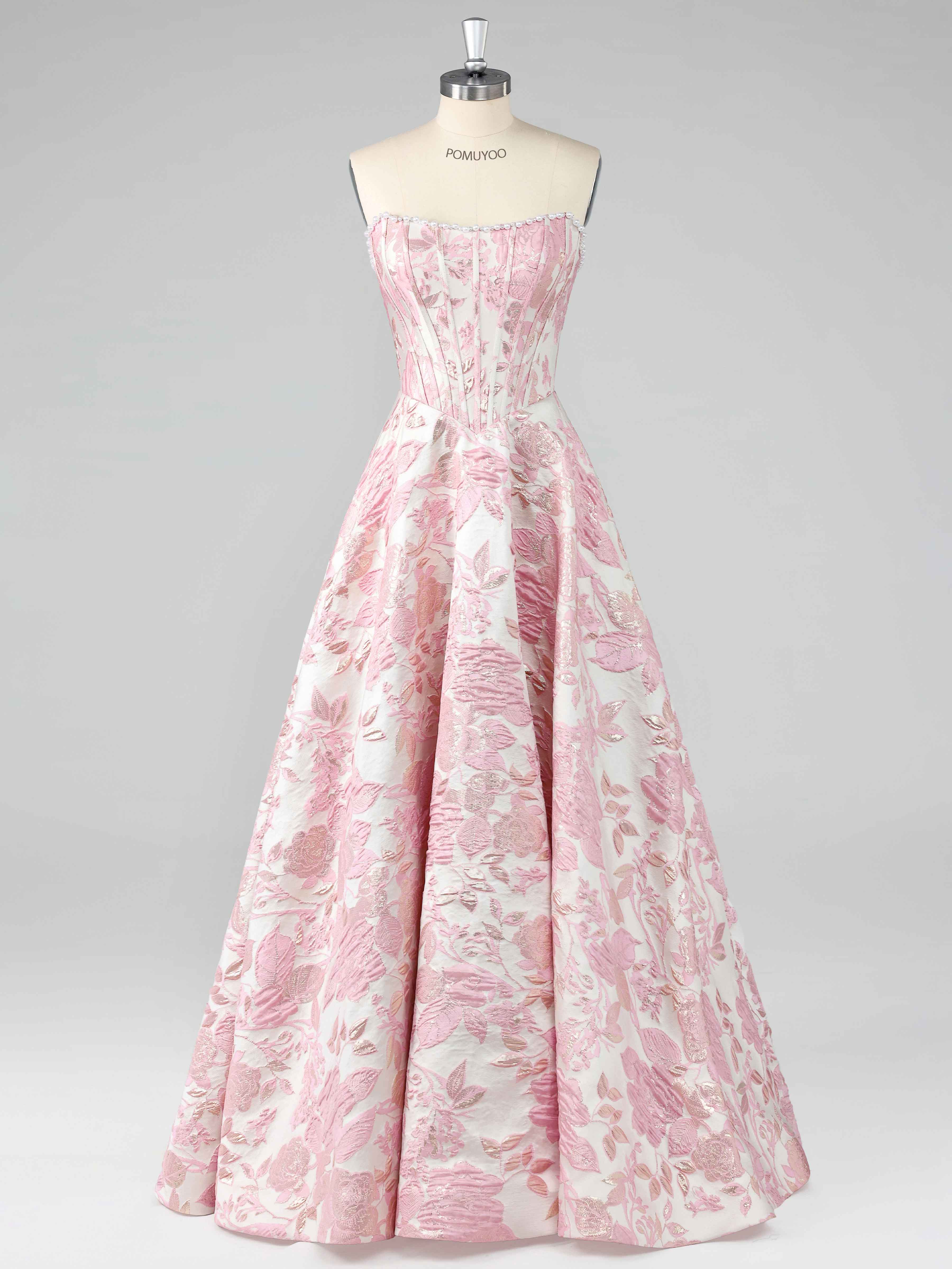 Pink A-Line Strapless Pearl Jacquard Satin Long Prom Dresses UK