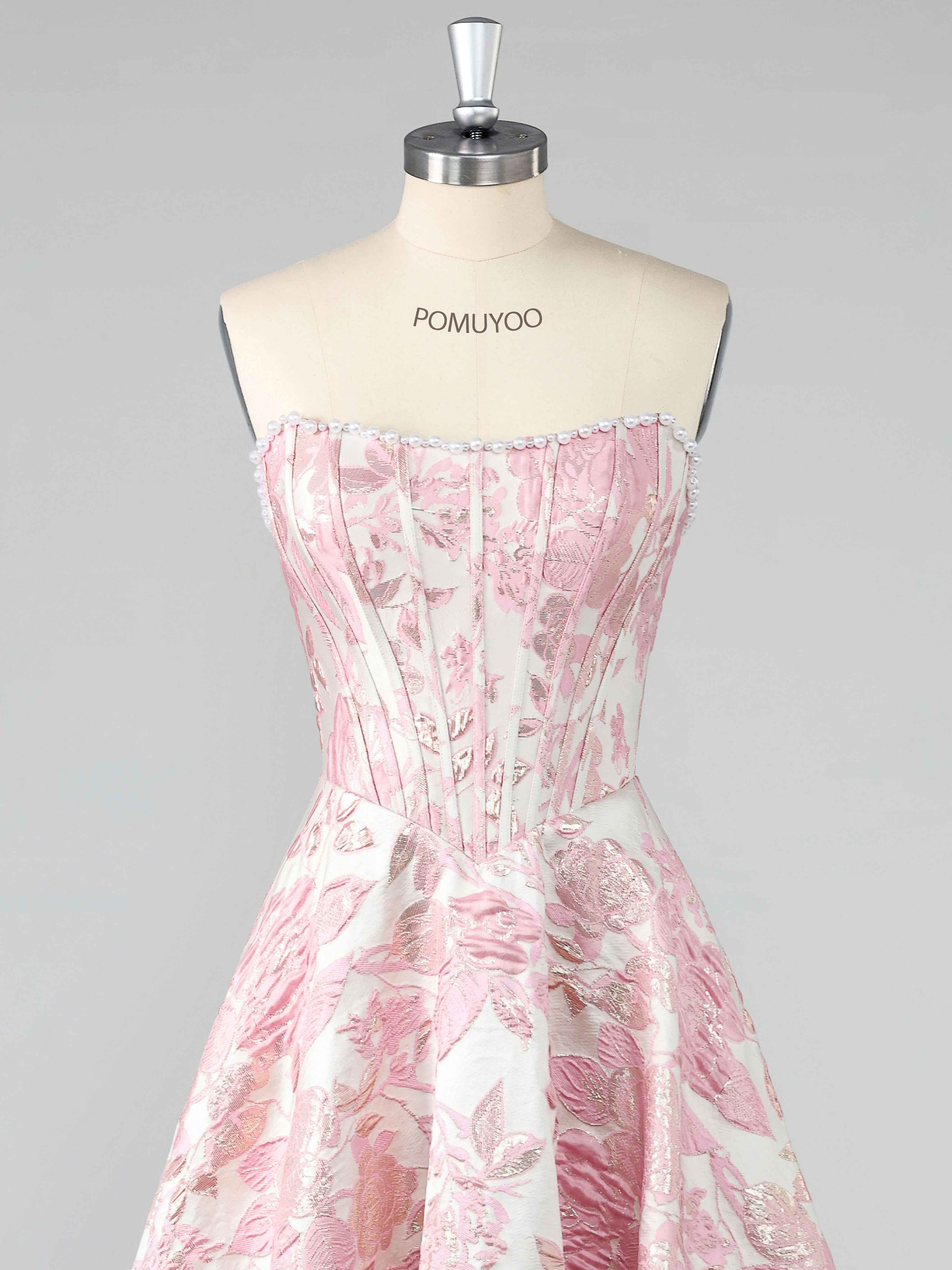 Pink A-Line Strapless Pearl Jacquard Satin Long Prom Dresses UK