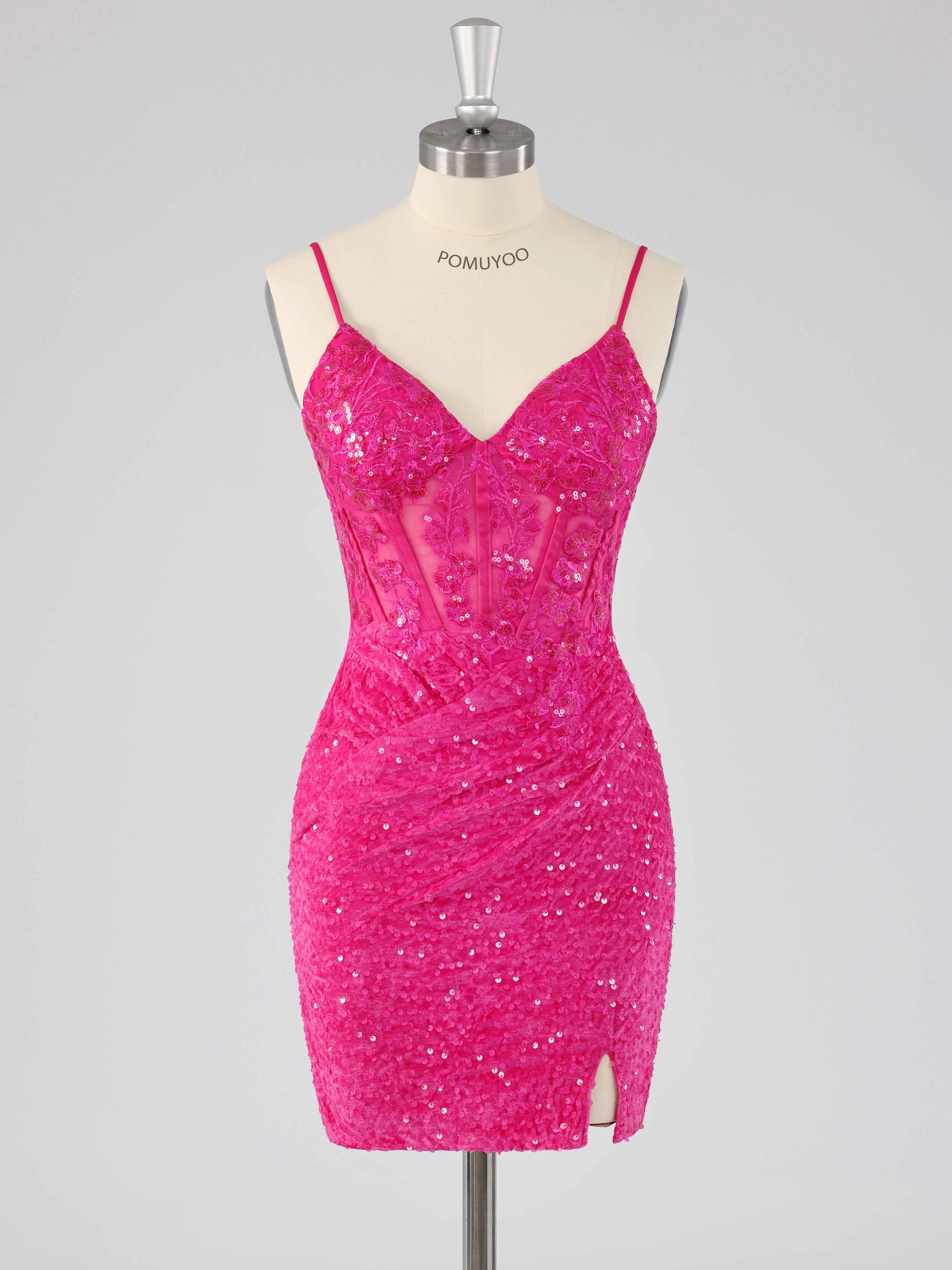 Pink Stunning V-Neck Pleated Mini Sequin Party Dresses