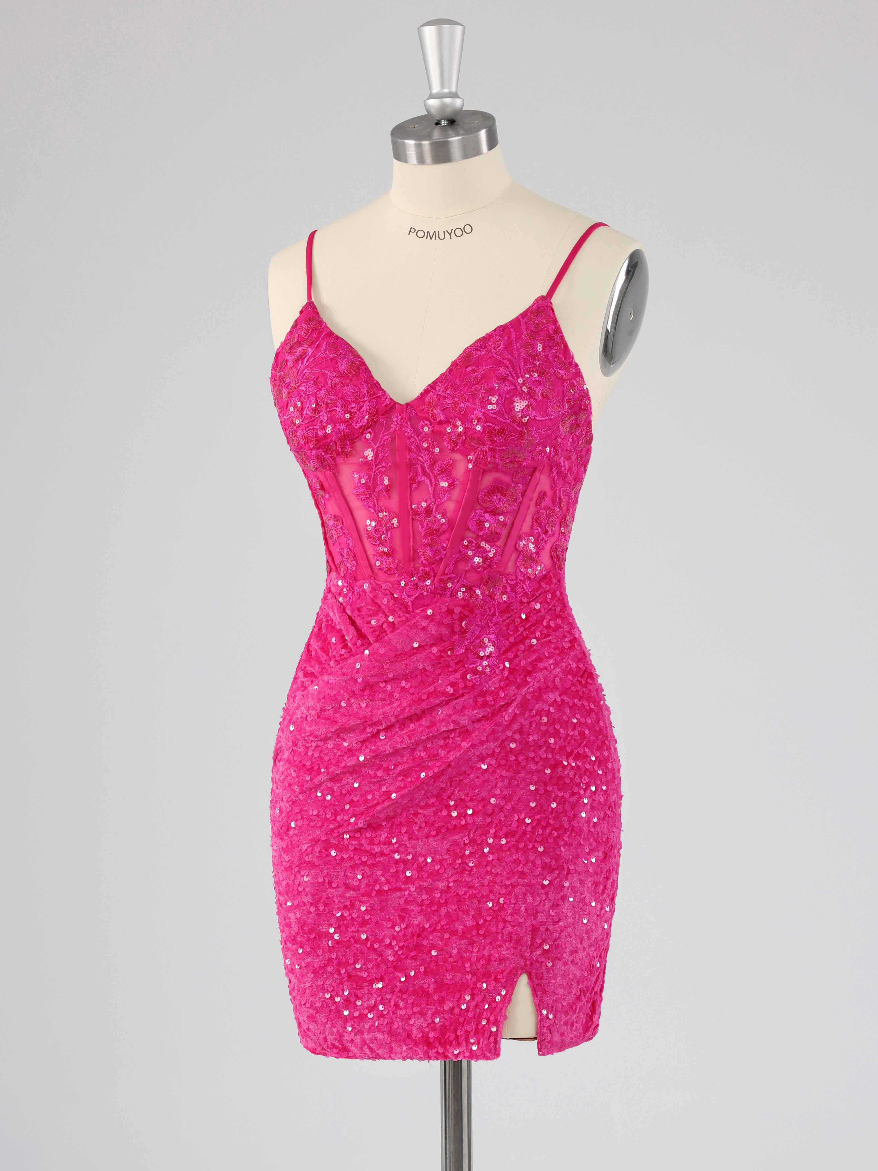 Pink Stunning V-Neck Pleated Mini Sequin Party Dresses