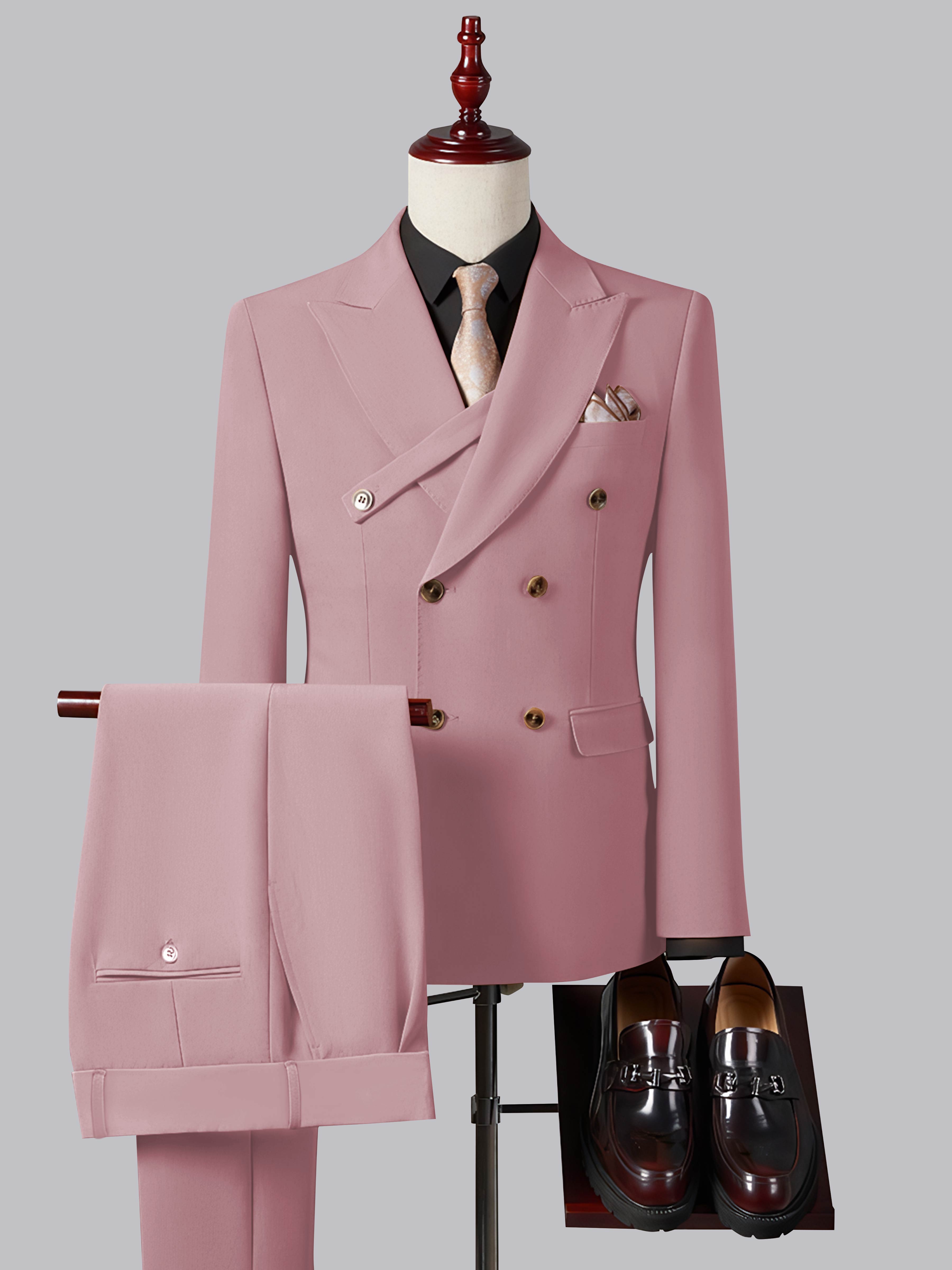 Refined Slim Fit Double Breasted Men's 2 Pieces Peak Lapel Suit with Strap