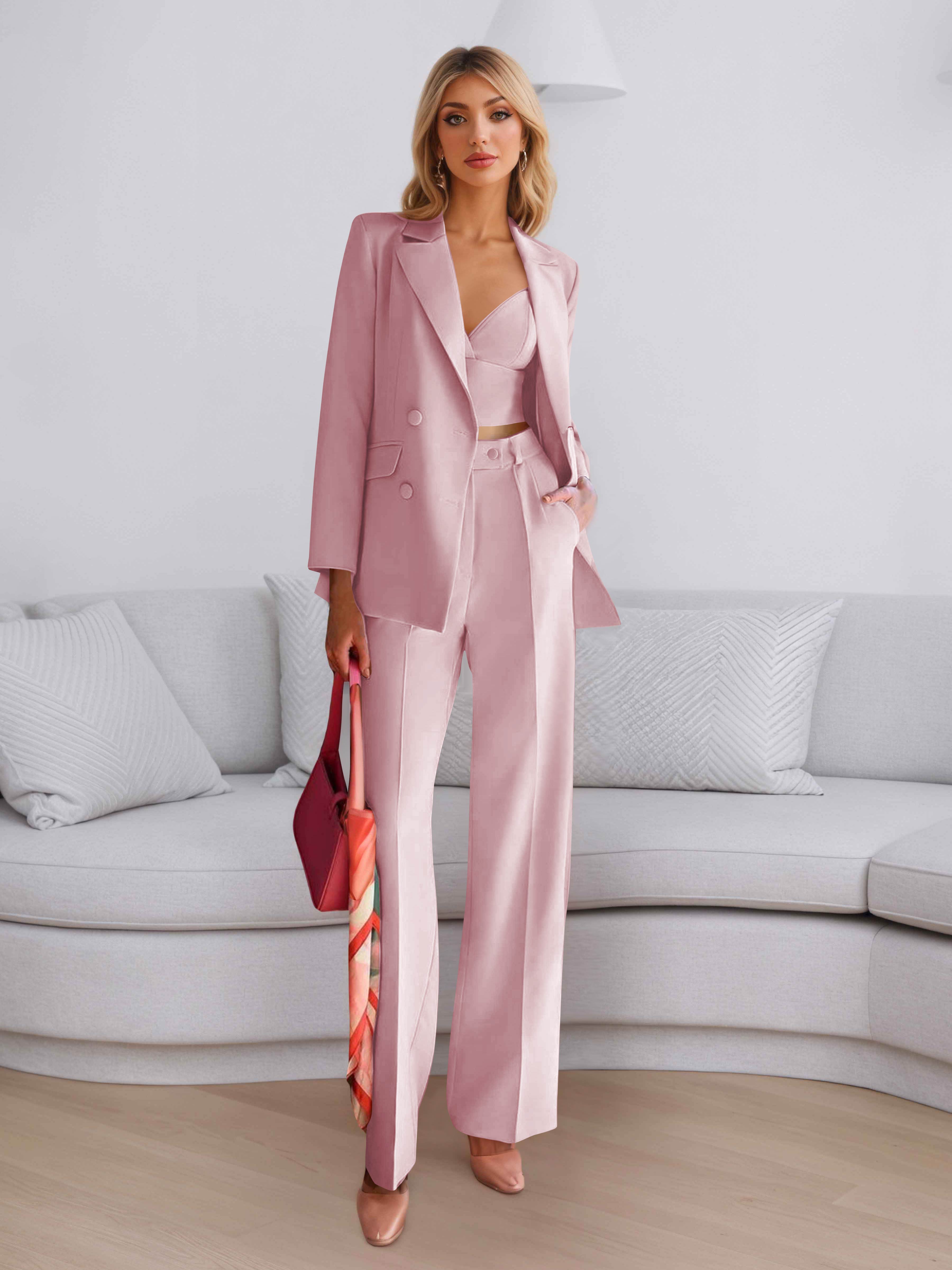 Elegant Women's 3 Pieces Solid Formal Blazer and Pants Suit Set UK