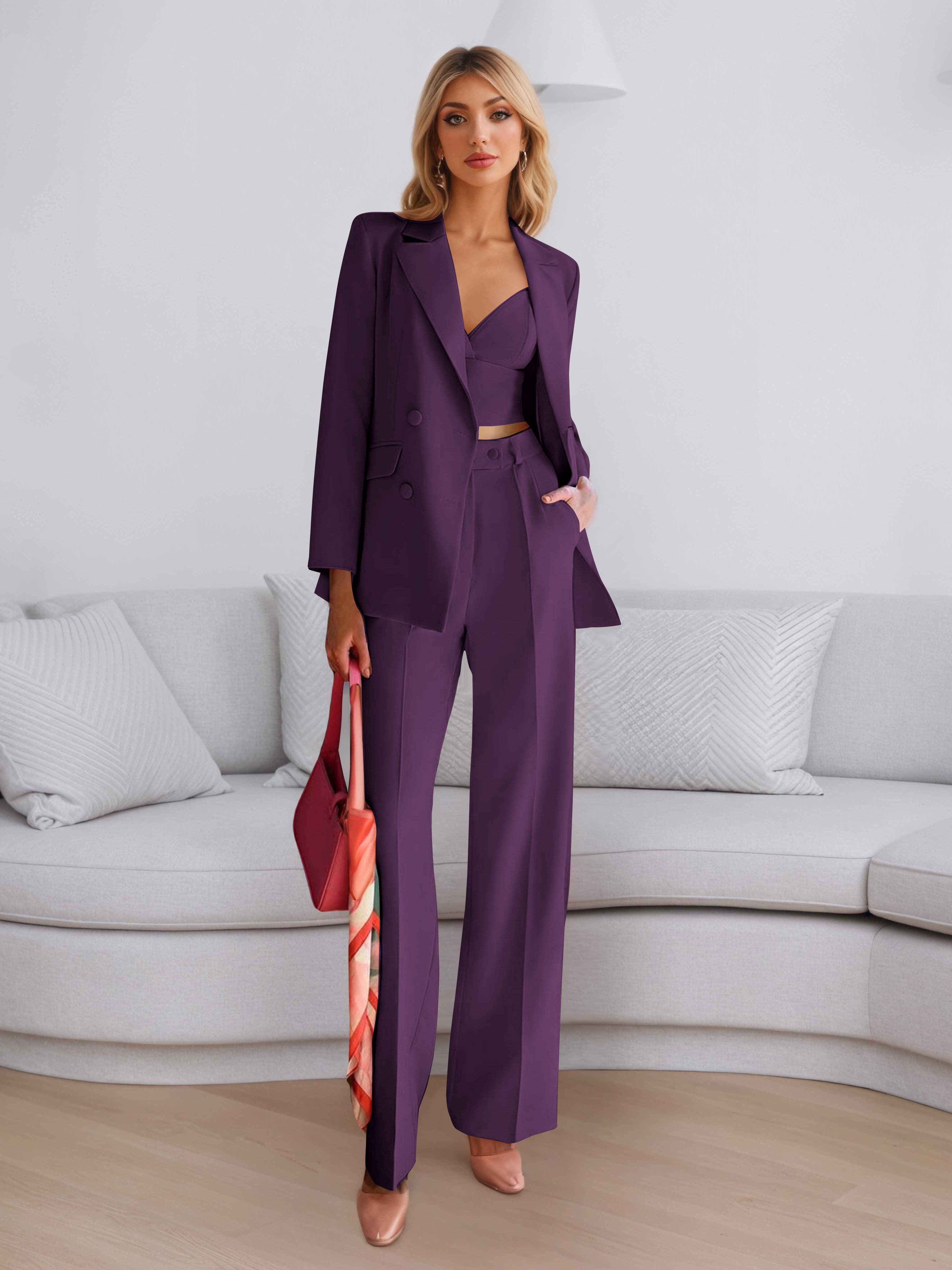 Elegant Women's 3 Pieces Solid Formal Blazer and Pants Suit Set UK