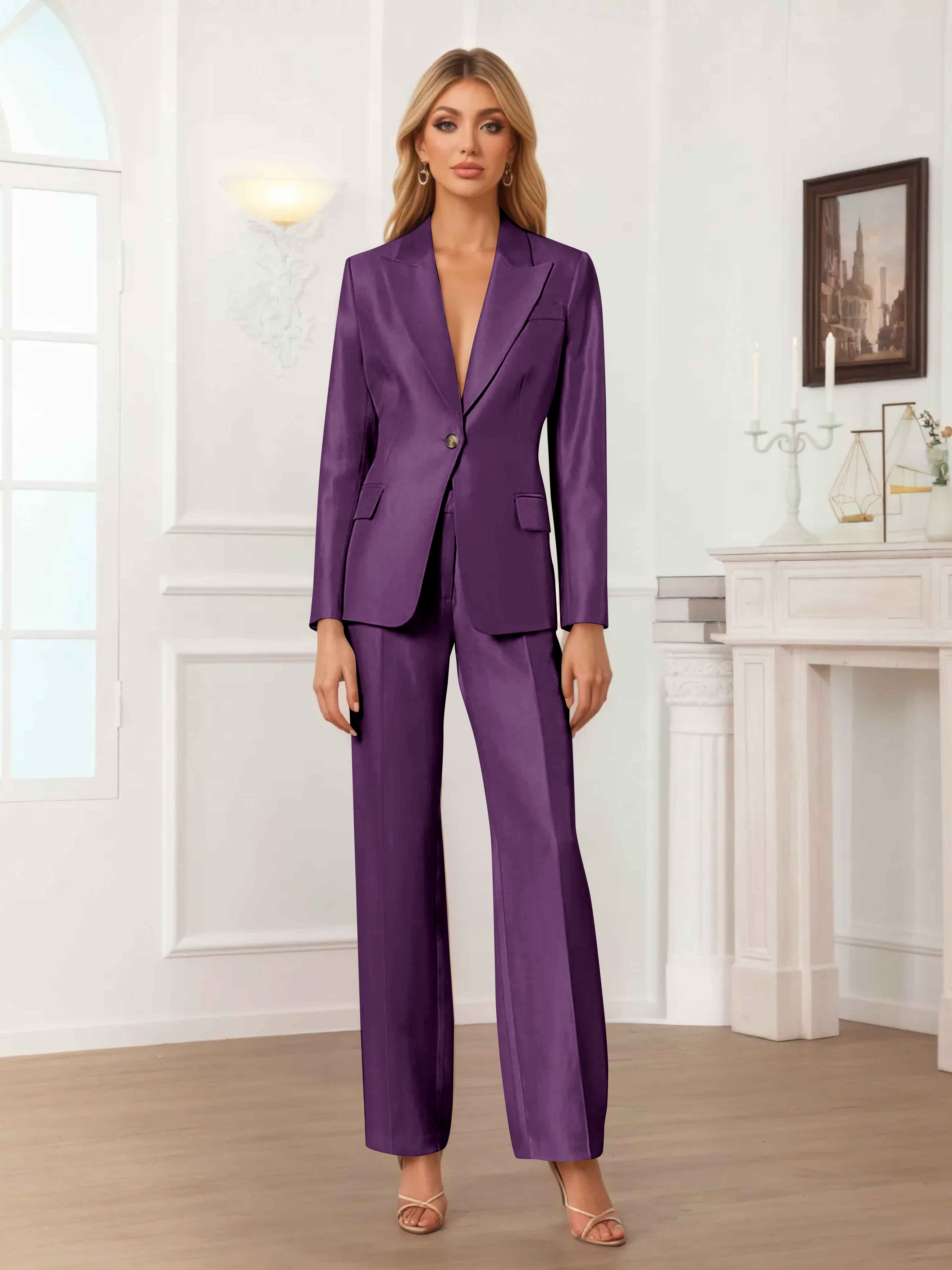 Women's 2 Pieces Peak Lapel One-Button Satin Formal Suit Set UK