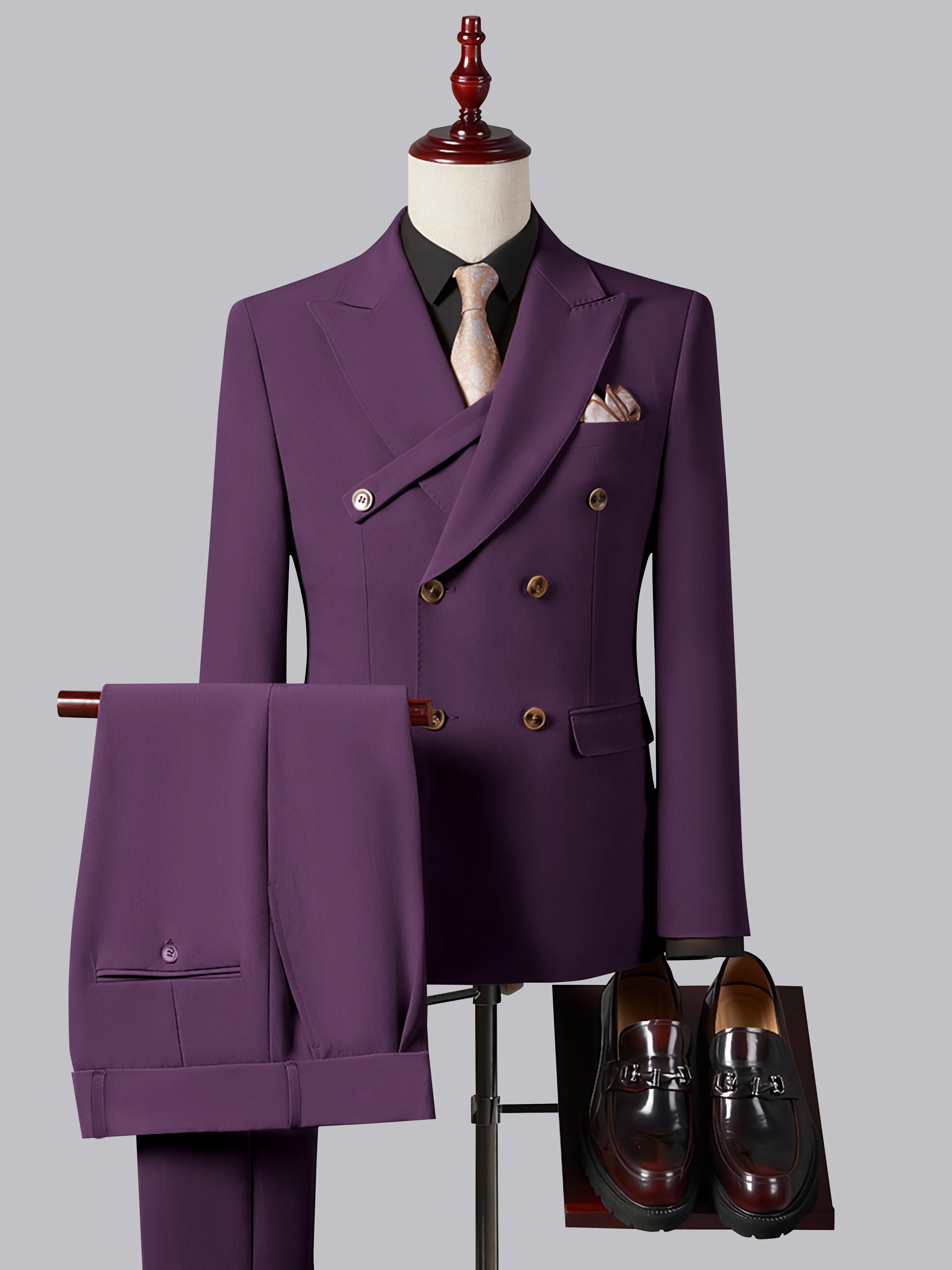 Refined Slim Fit Double Breasted Men's 2 Pieces Peak Lapel Suit with Strap