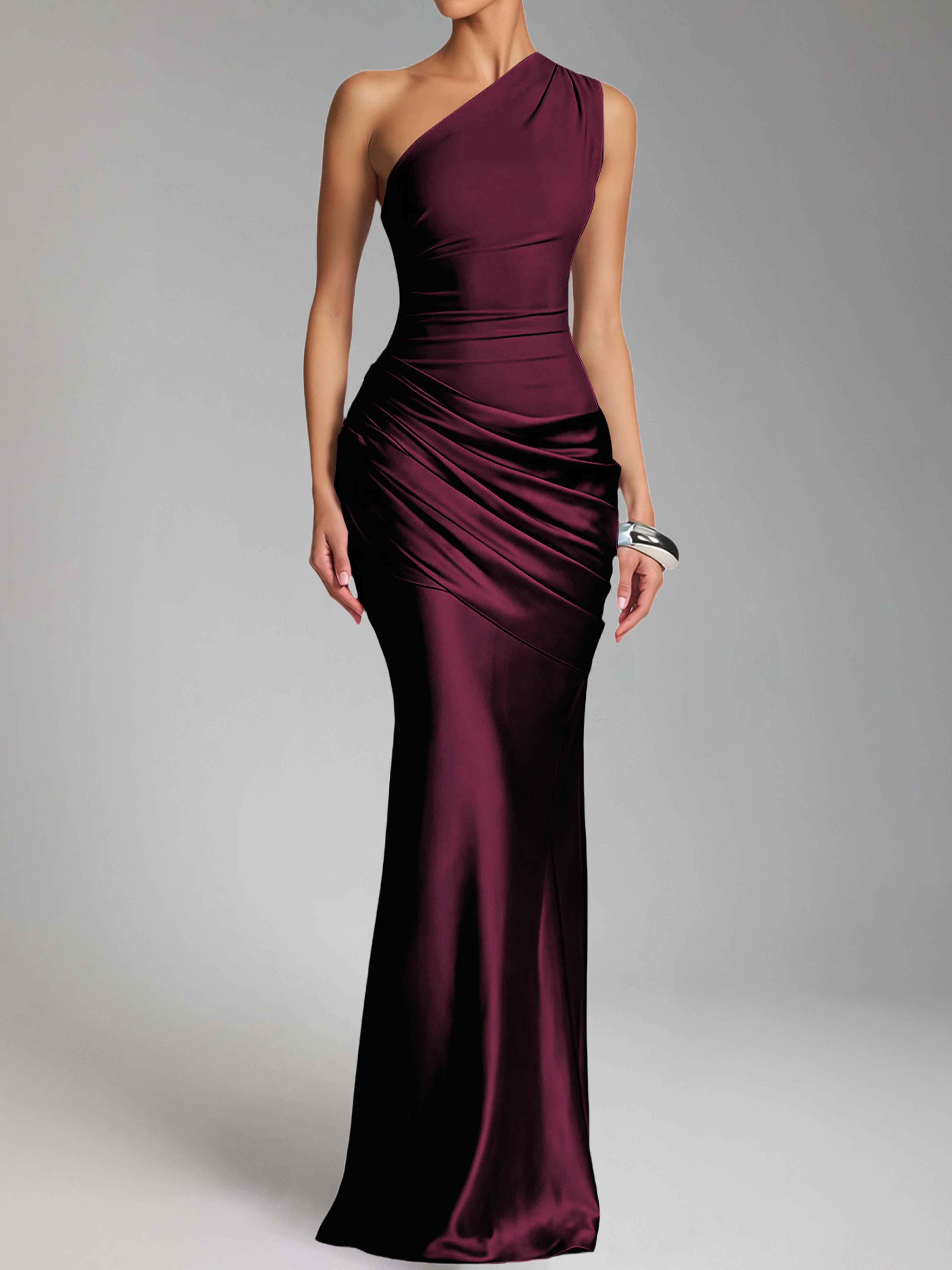Jaelithra Elegant One Shoulder Pleated Satin Long Prom Dresses