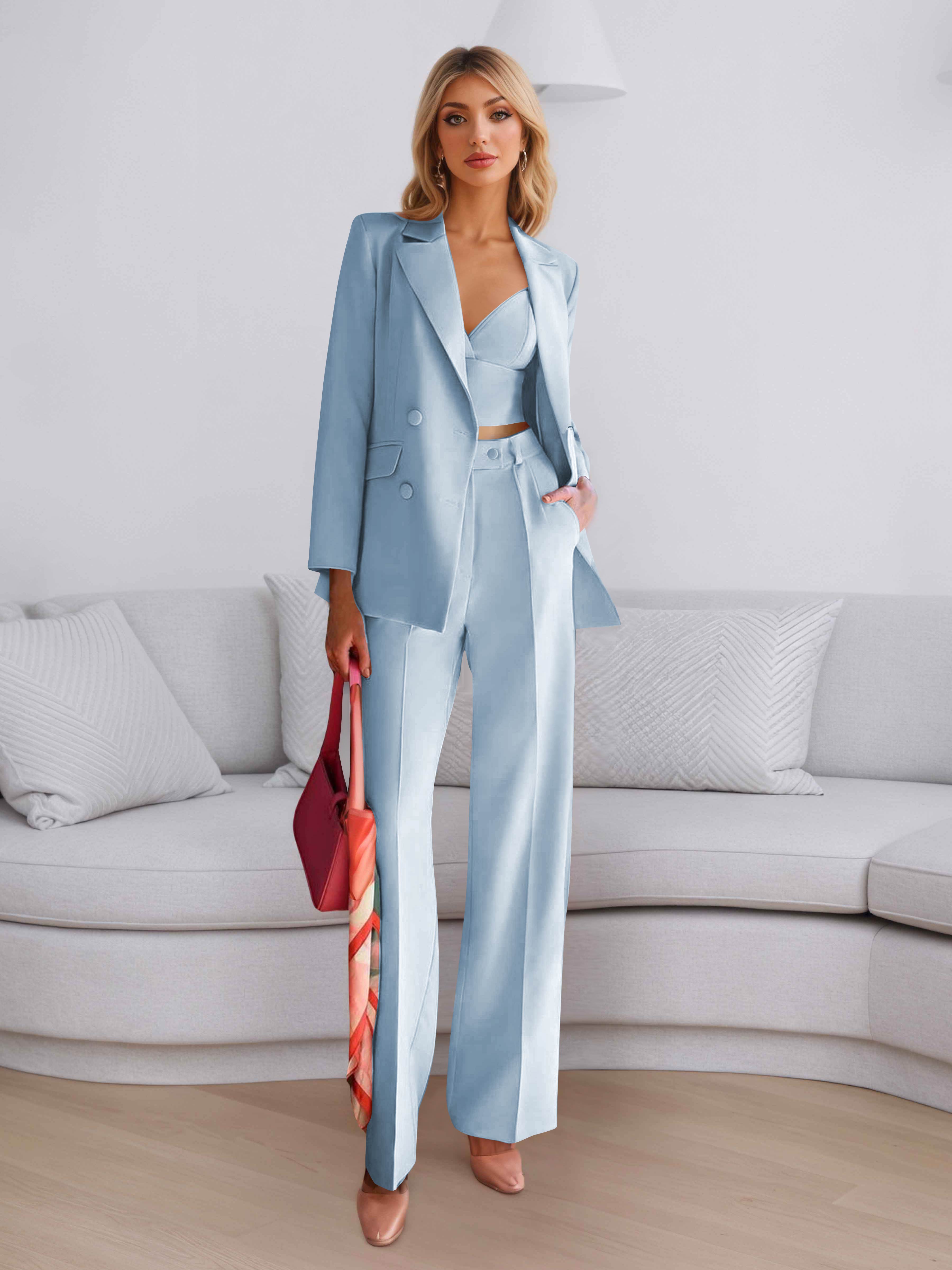 Elegant Women's 3 Pieces Solid Formal Blazer and Pants Suit Set UK
