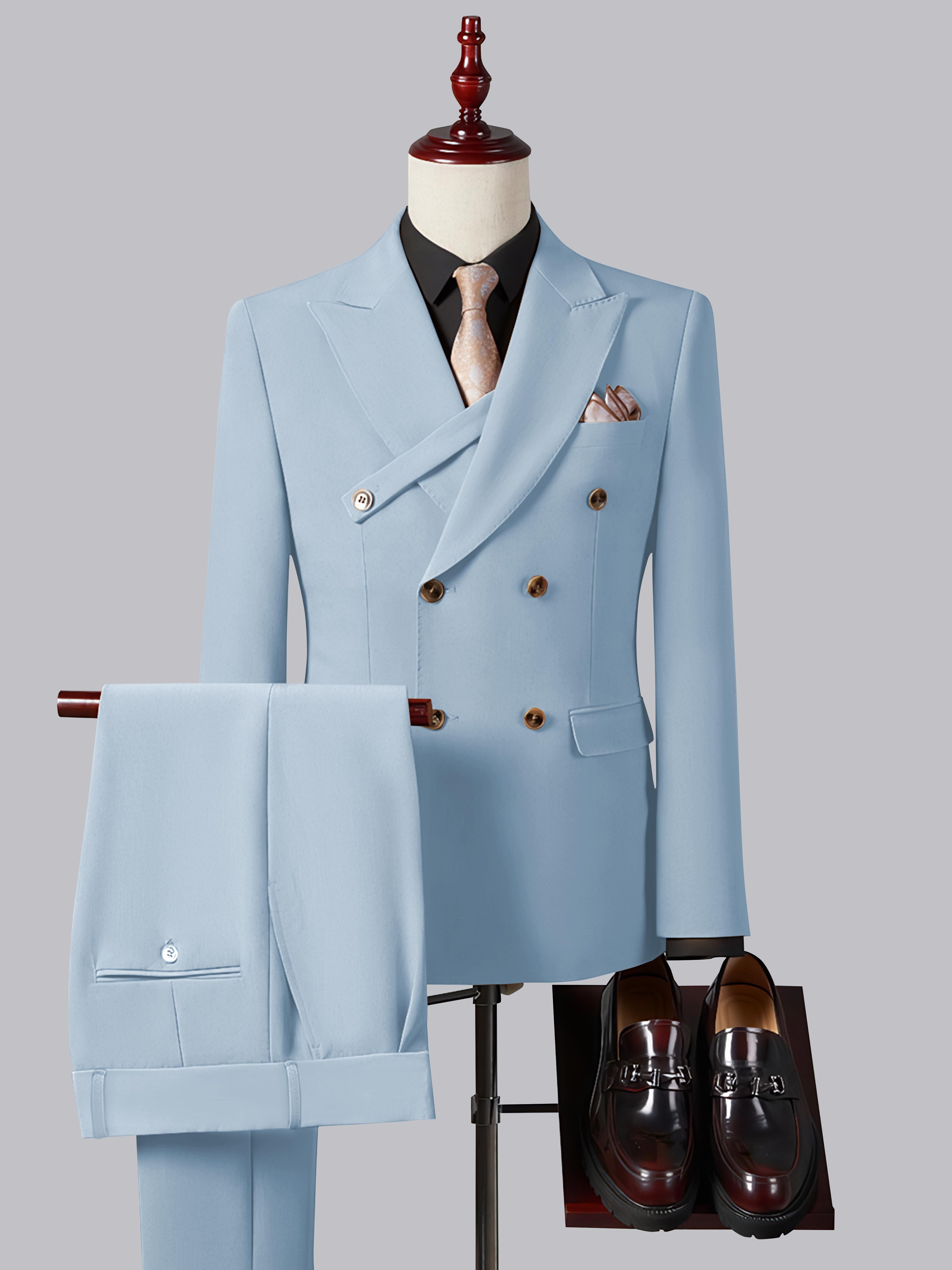 Refined Slim Fit Double Breasted Men's 2 Pieces Peak Lapel Suit with Strap