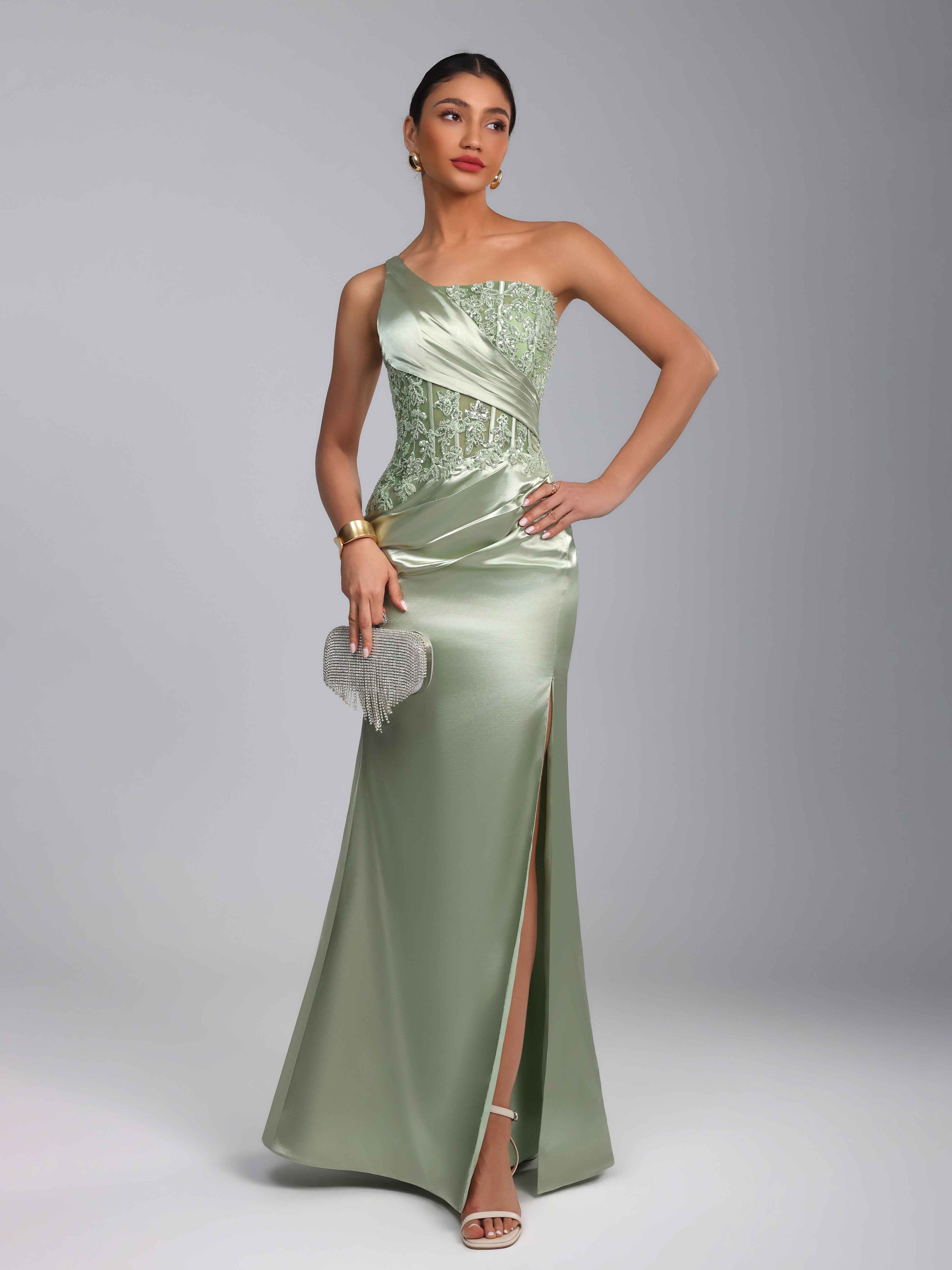 Praelith Sexy Mermaid One Shoulder Beading Long Satin Prom Dresses