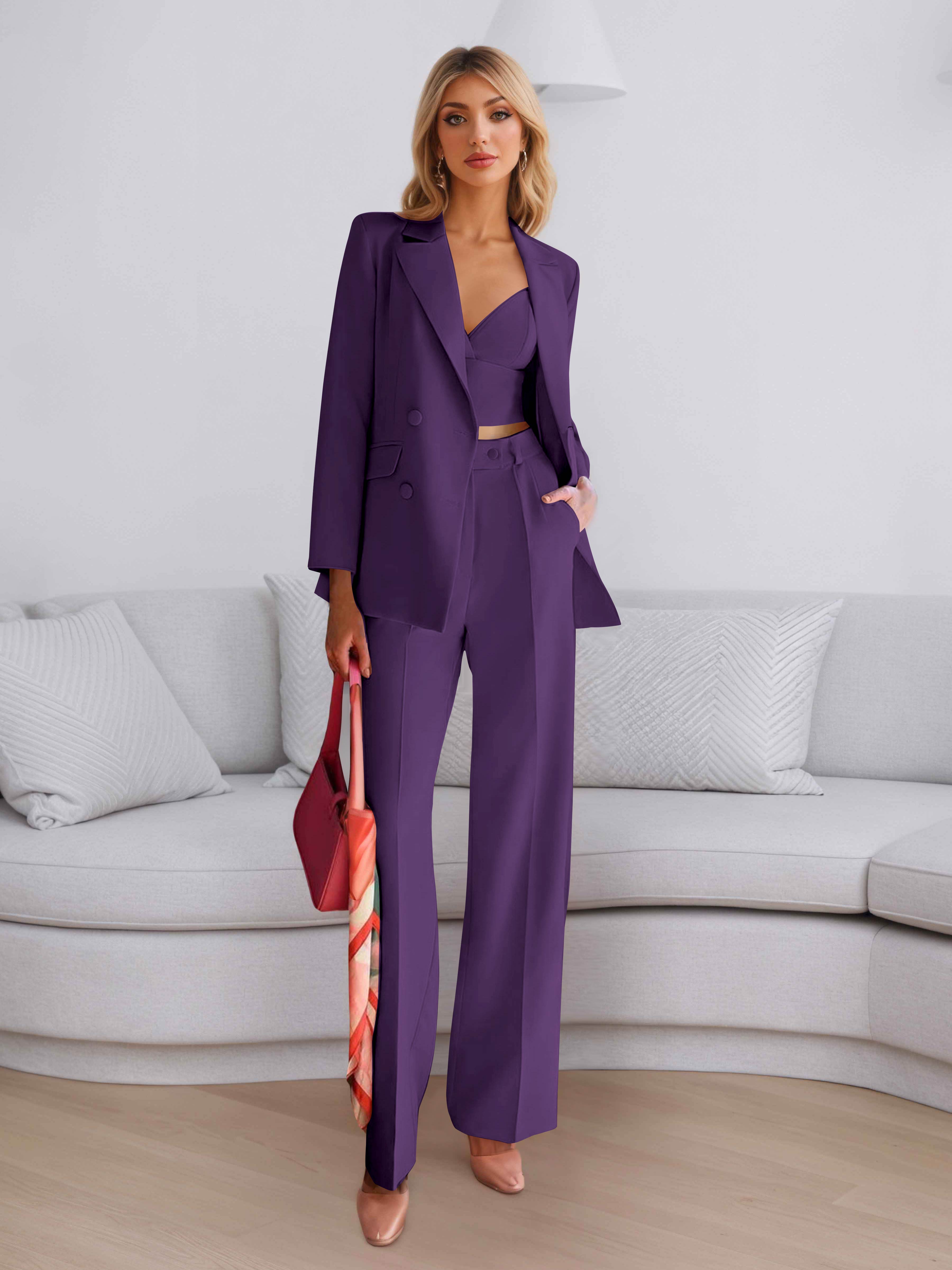 Elegant Women's 3 Pieces Solid Formal Blazer and Pants Suit Set UK