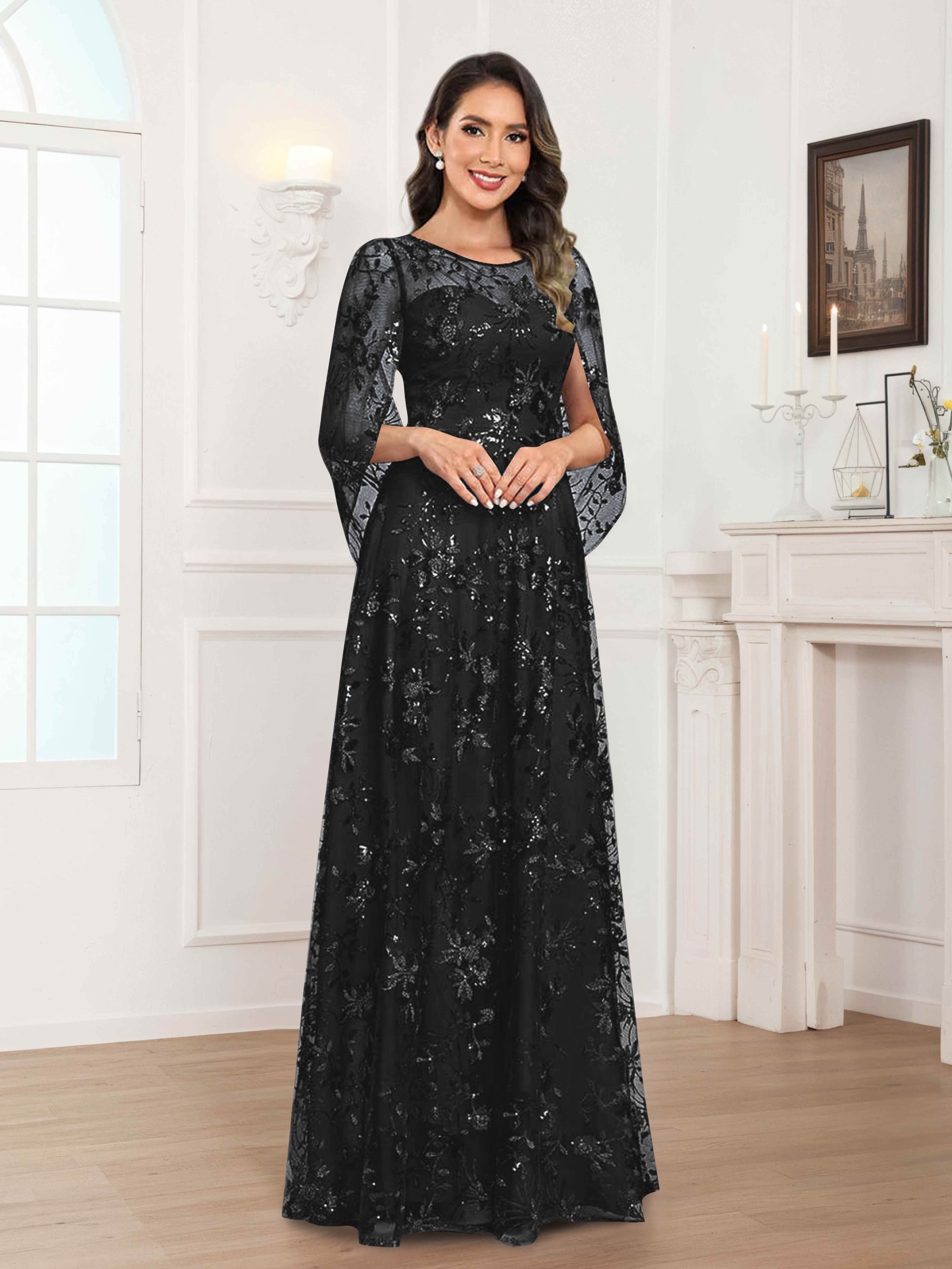 Quenella Romantic A-line Scoop Sequin Lace Long Mother of the Bride Dresses