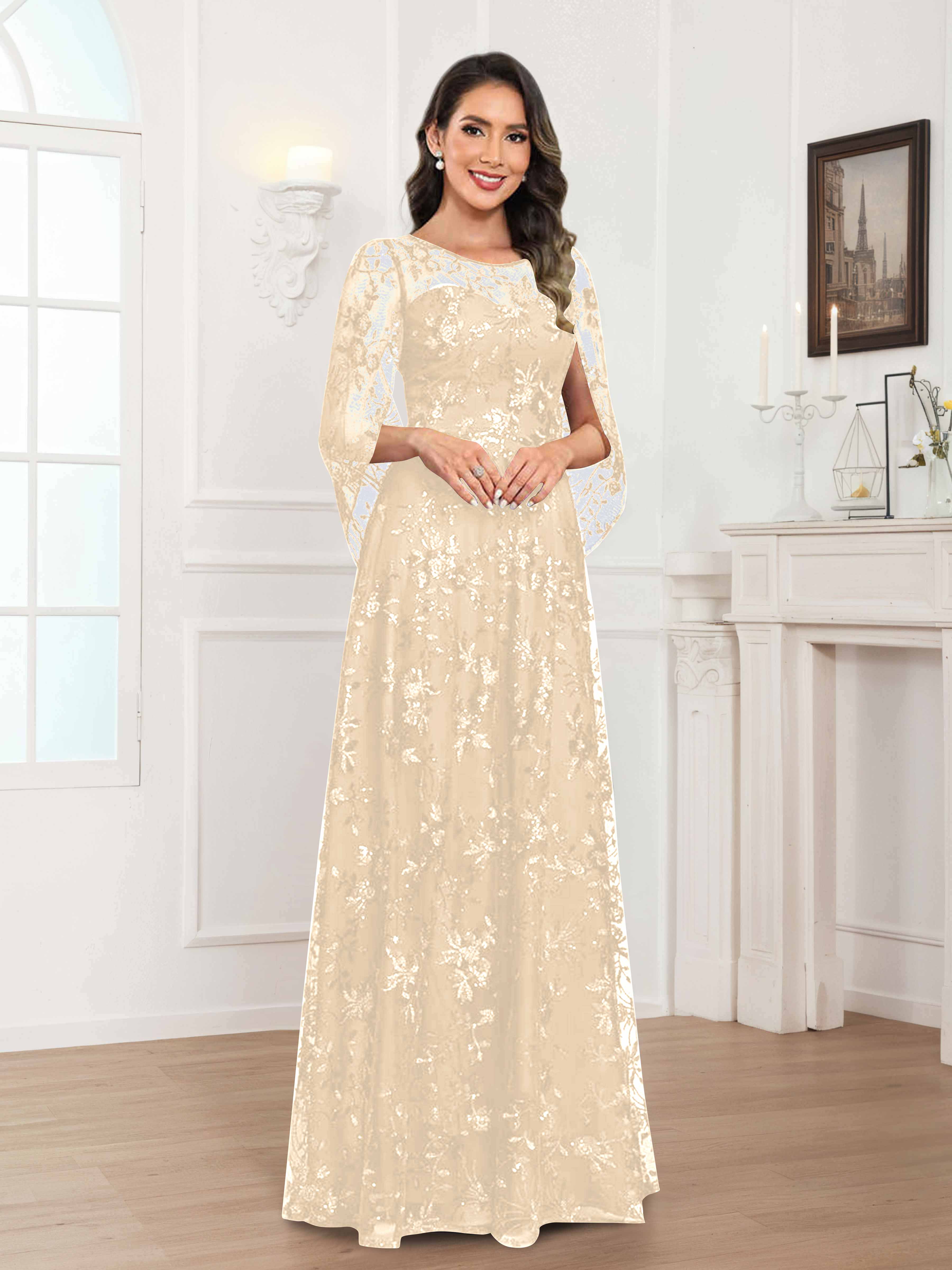 Quenella Romantic A-line Scoop Sequin Lace Long Mother of the Bride Dresses