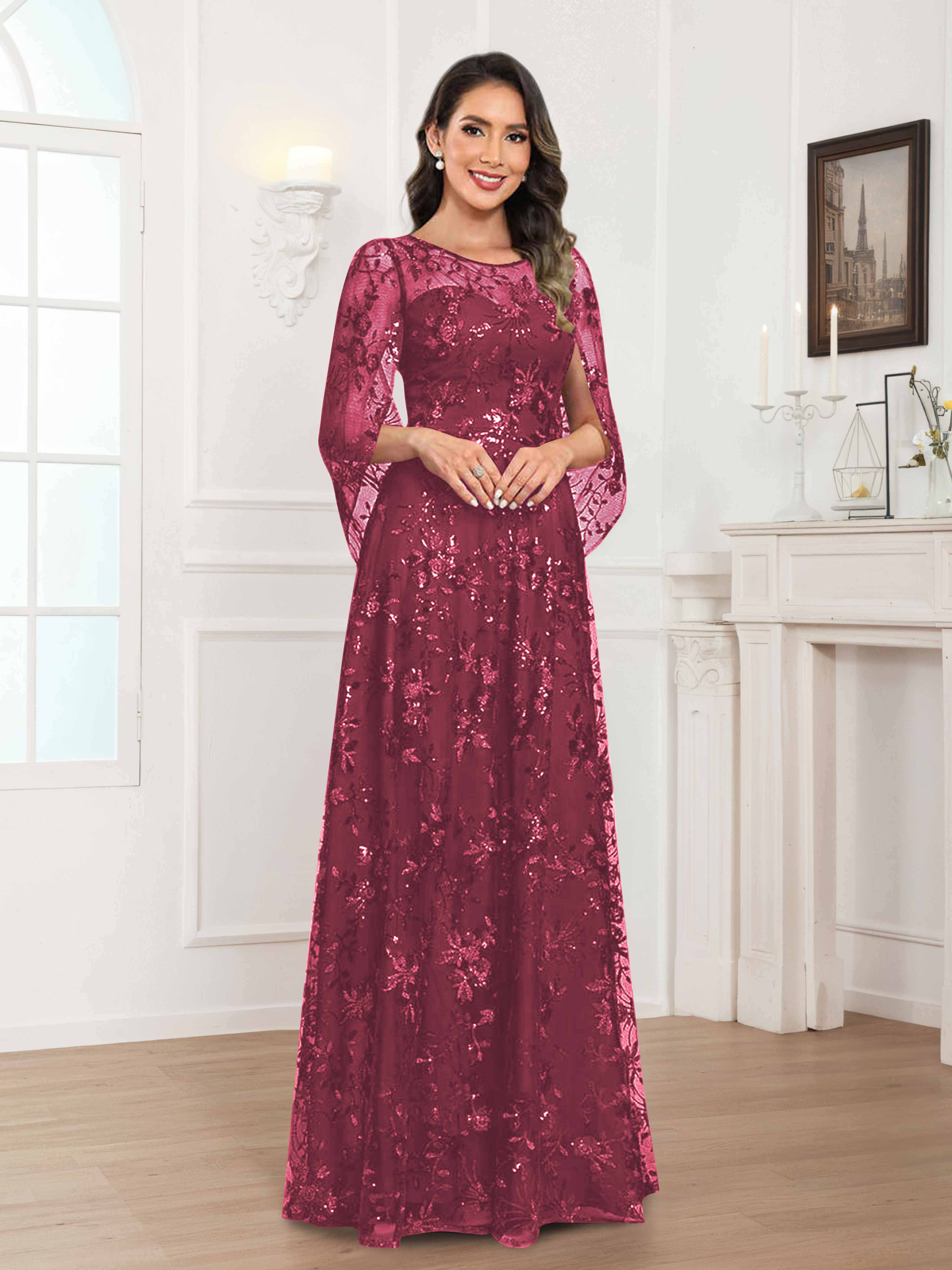 Quenella Romantic A-line Scoop Sequin Lace Long Mother of the Bride Dresses