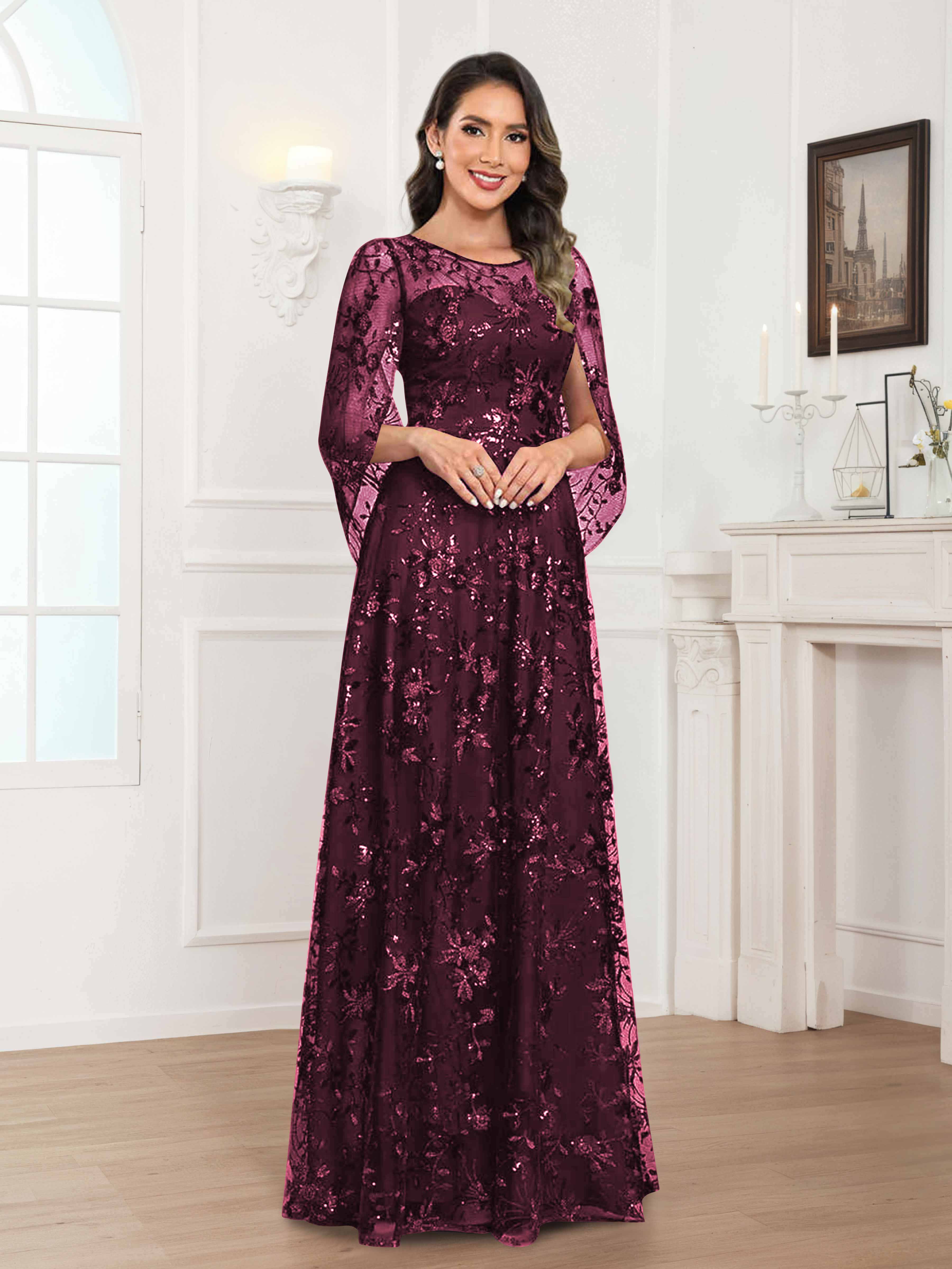 Quenella Romantic A-line Scoop Sequin Lace Long Mother of the Bride Dresses