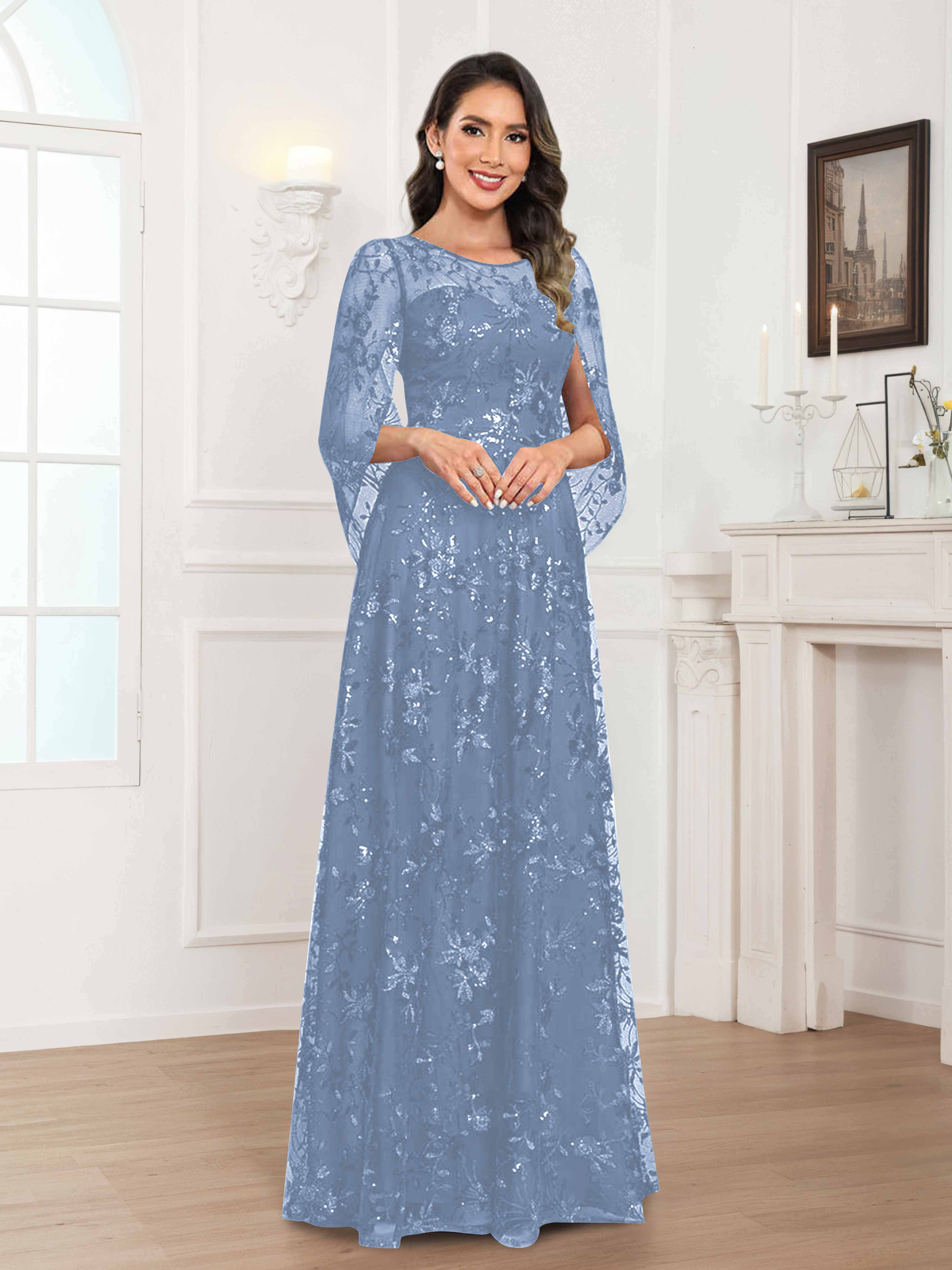 Quenella Romantic A-line Scoop Sequin Lace Long Mother of the Bride Dresses