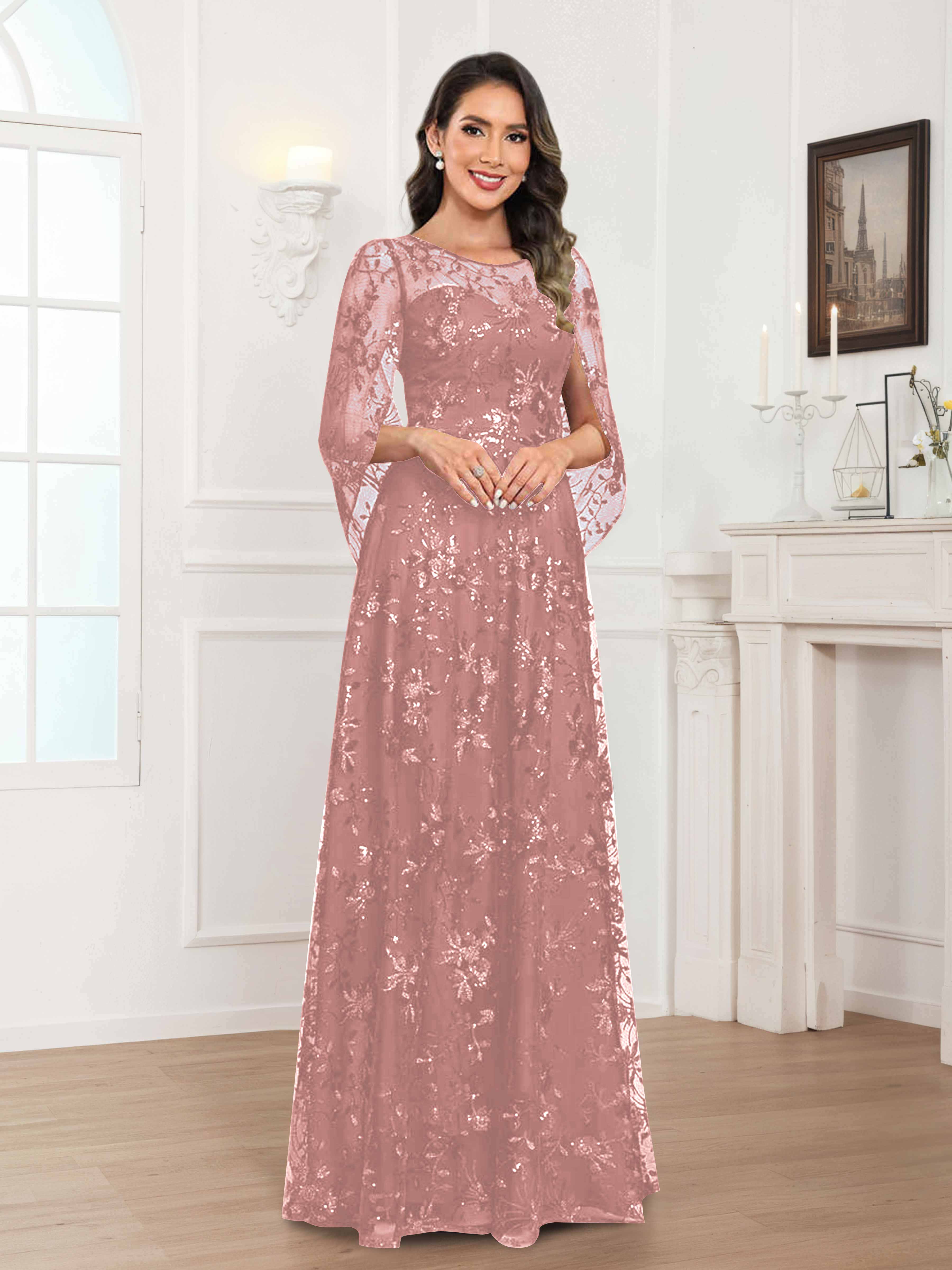 Quenella Romantic A-line Scoop Sequin Lace Long Mother of the Bride Dresses
