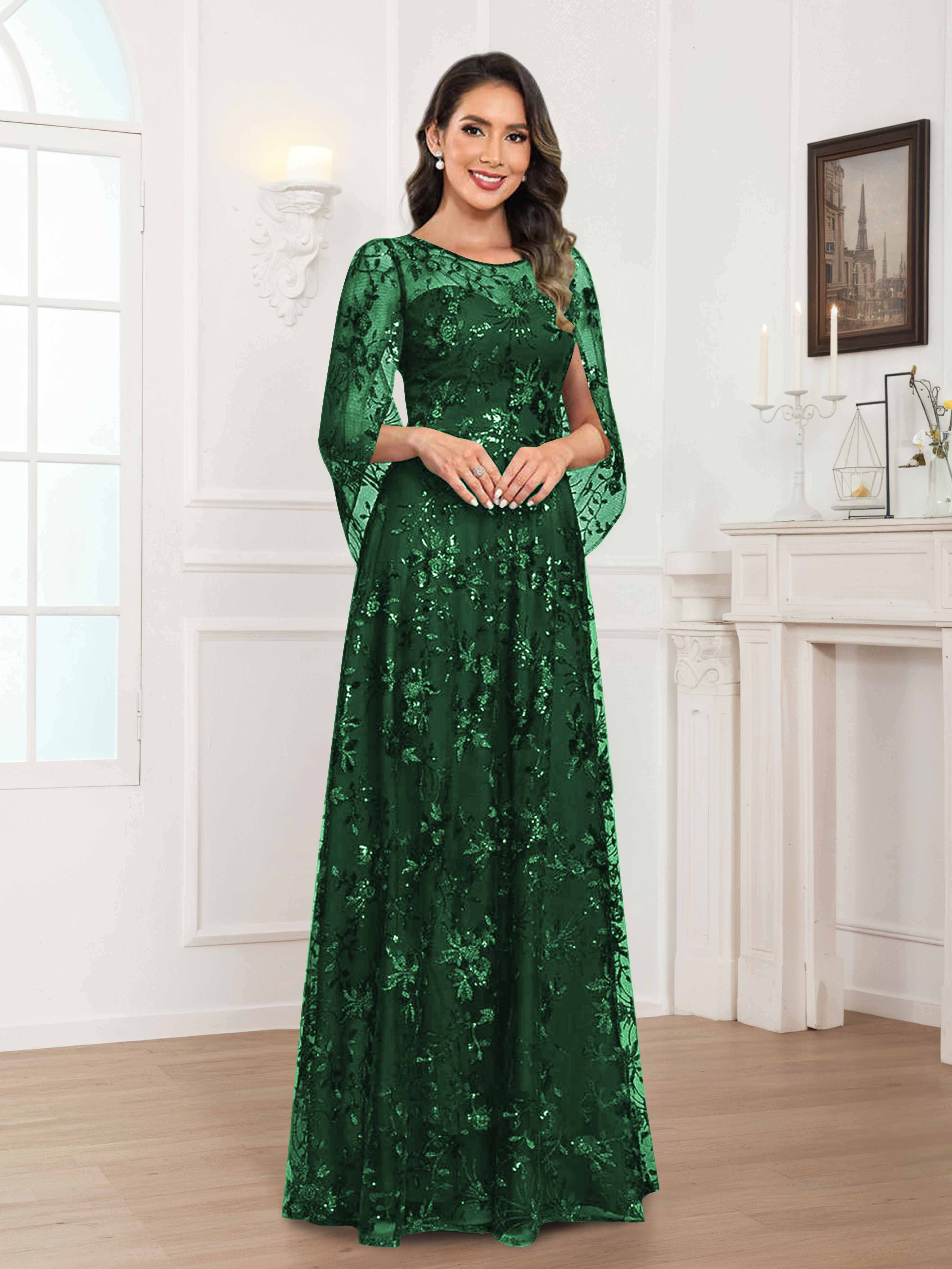Quenella Romantic A-line Scoop Sequin Lace Long Mother of the Bride Dresses