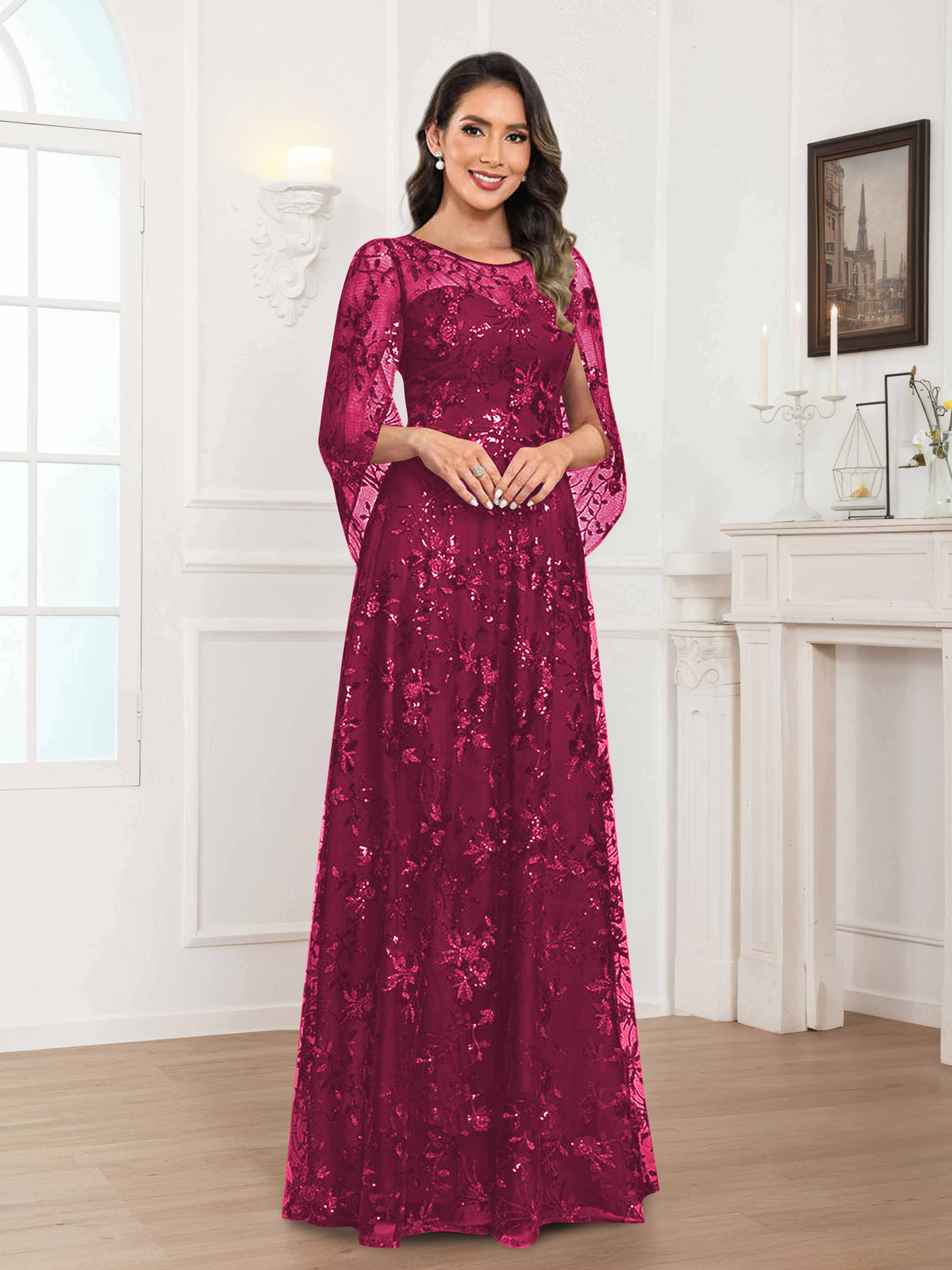 Quenella Romantic A-line Scoop Sequin Lace Long Mother of the Bride Dresses