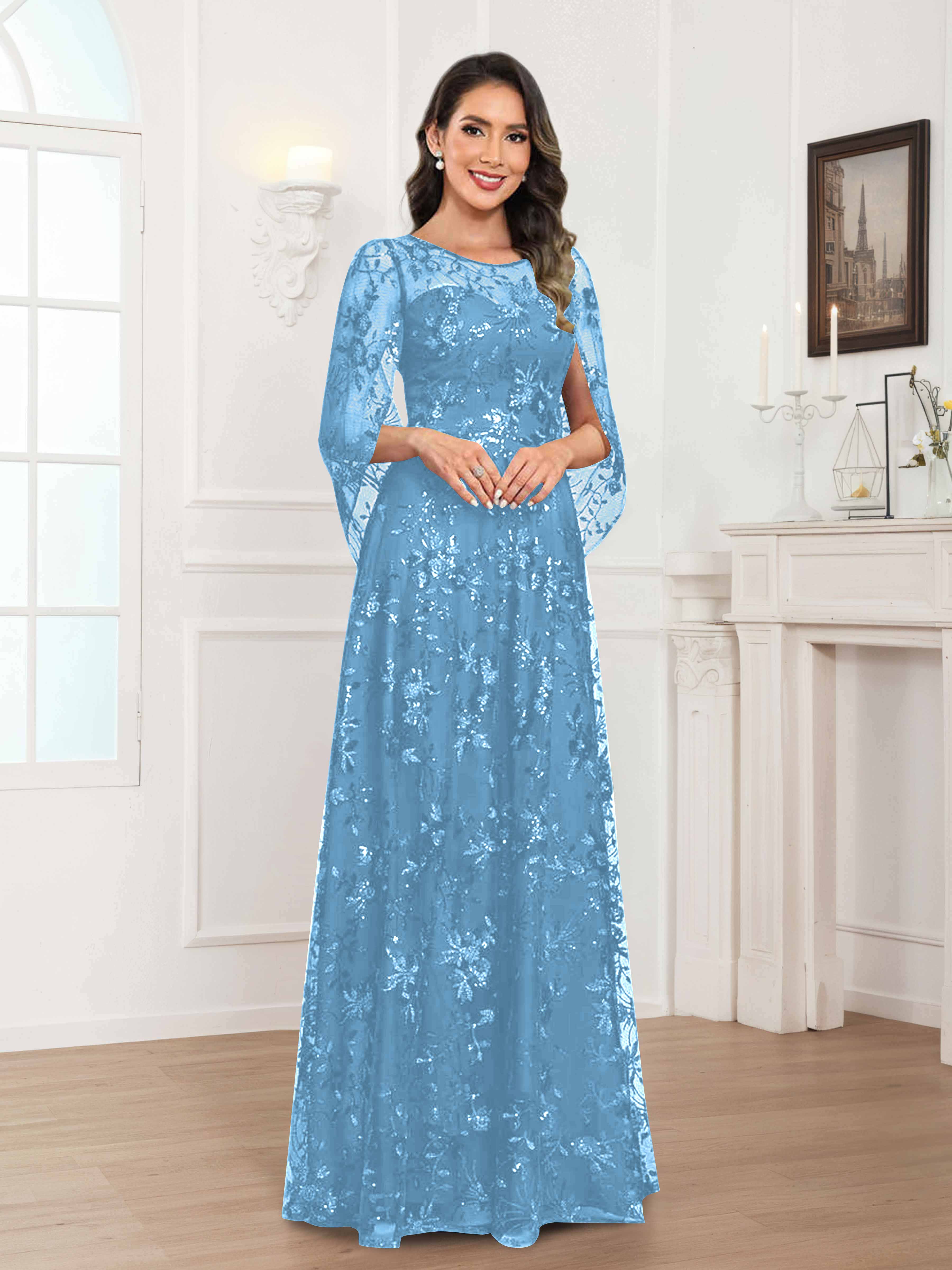 Quenella Romantic A-line Scoop Sequin Lace Long Mother of the Bride Dresses