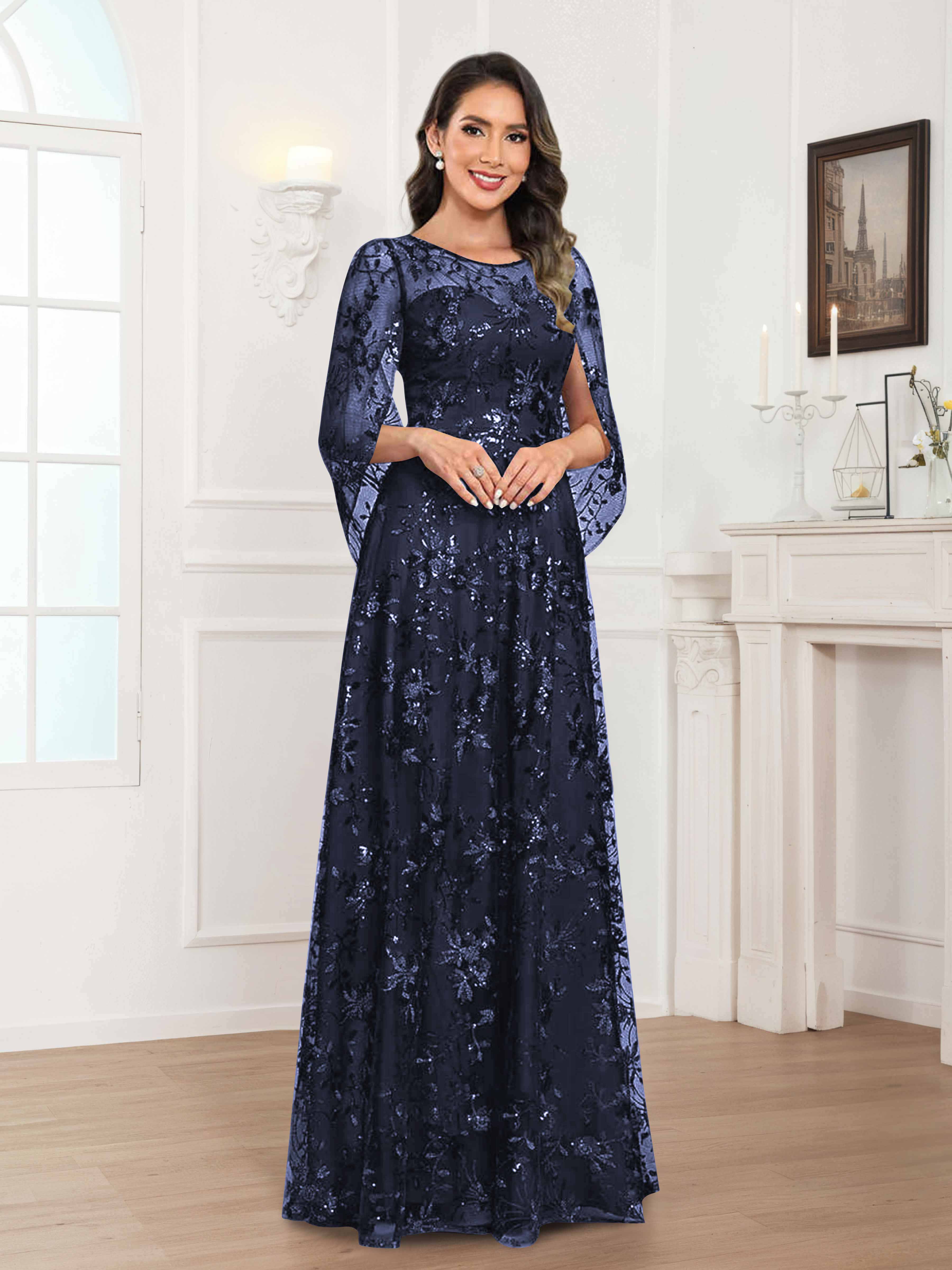 Quenella Romantic A-line Scoop Sequin Lace Long Mother of the Bride Dresses