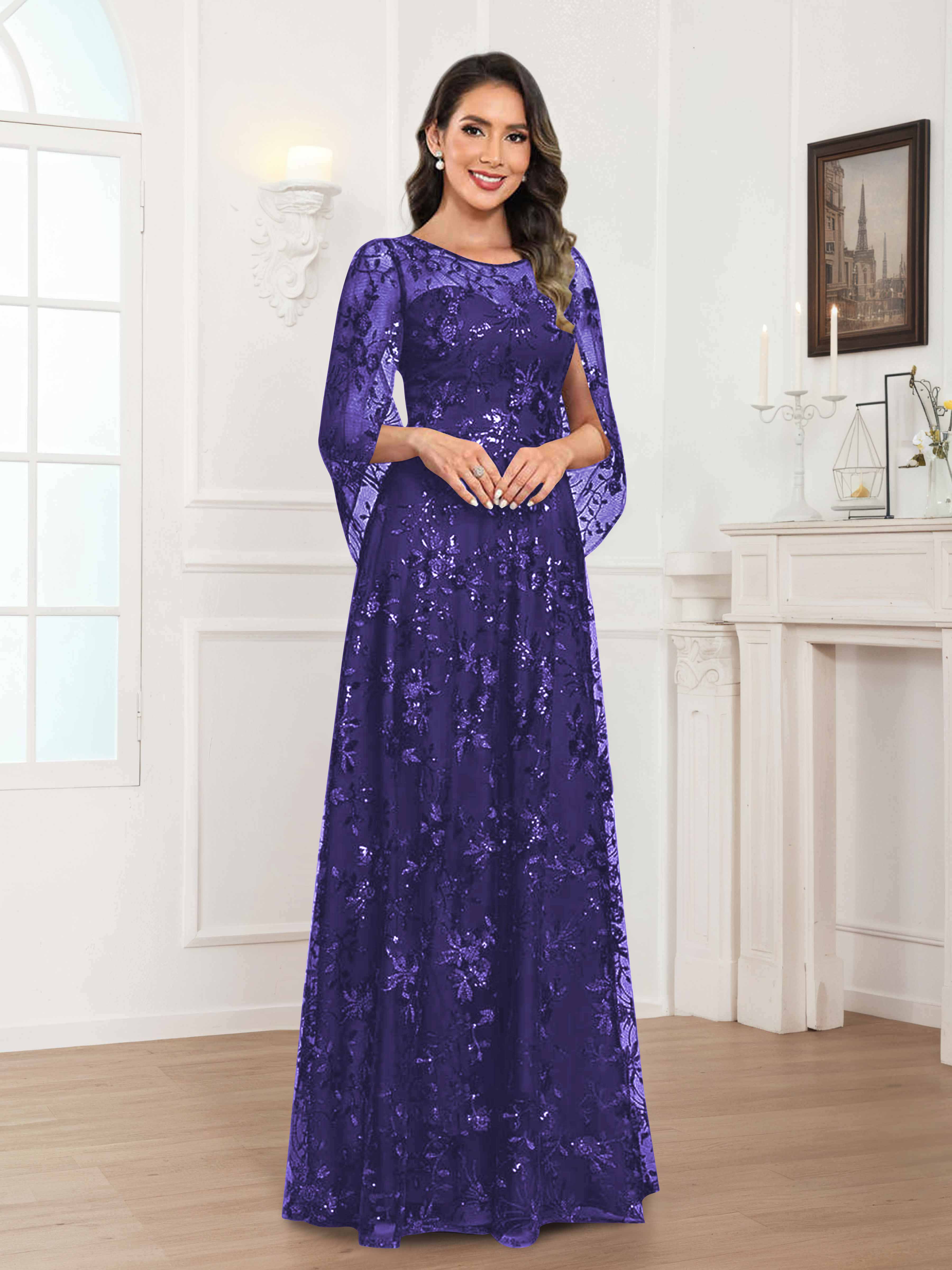 Quenella Romantic A-line Scoop Sequin Lace Long Mother of the Bride Dresses