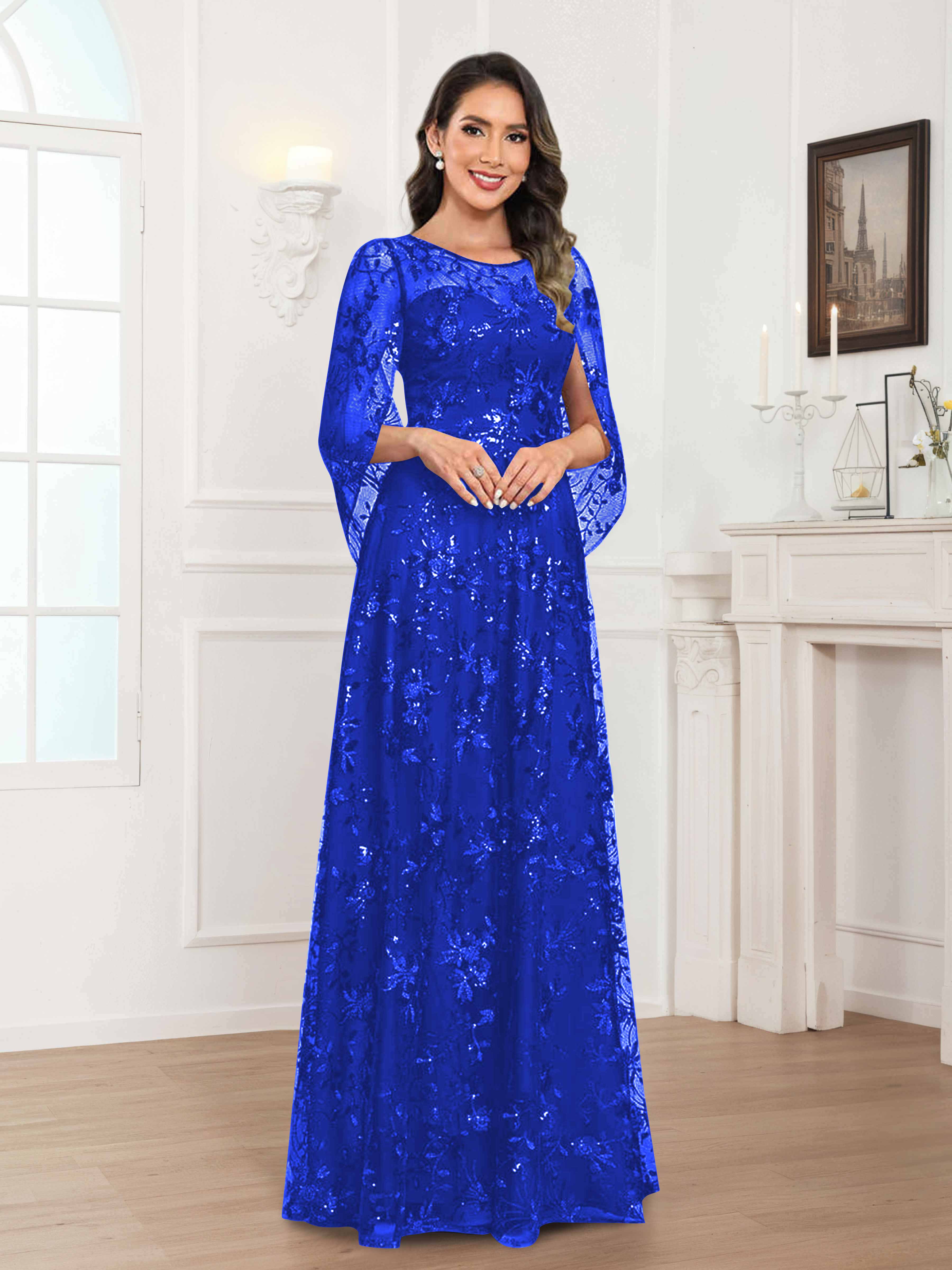 Quenella Romantic A-line Scoop Sequin Lace Long Mother of the Bride Dresses