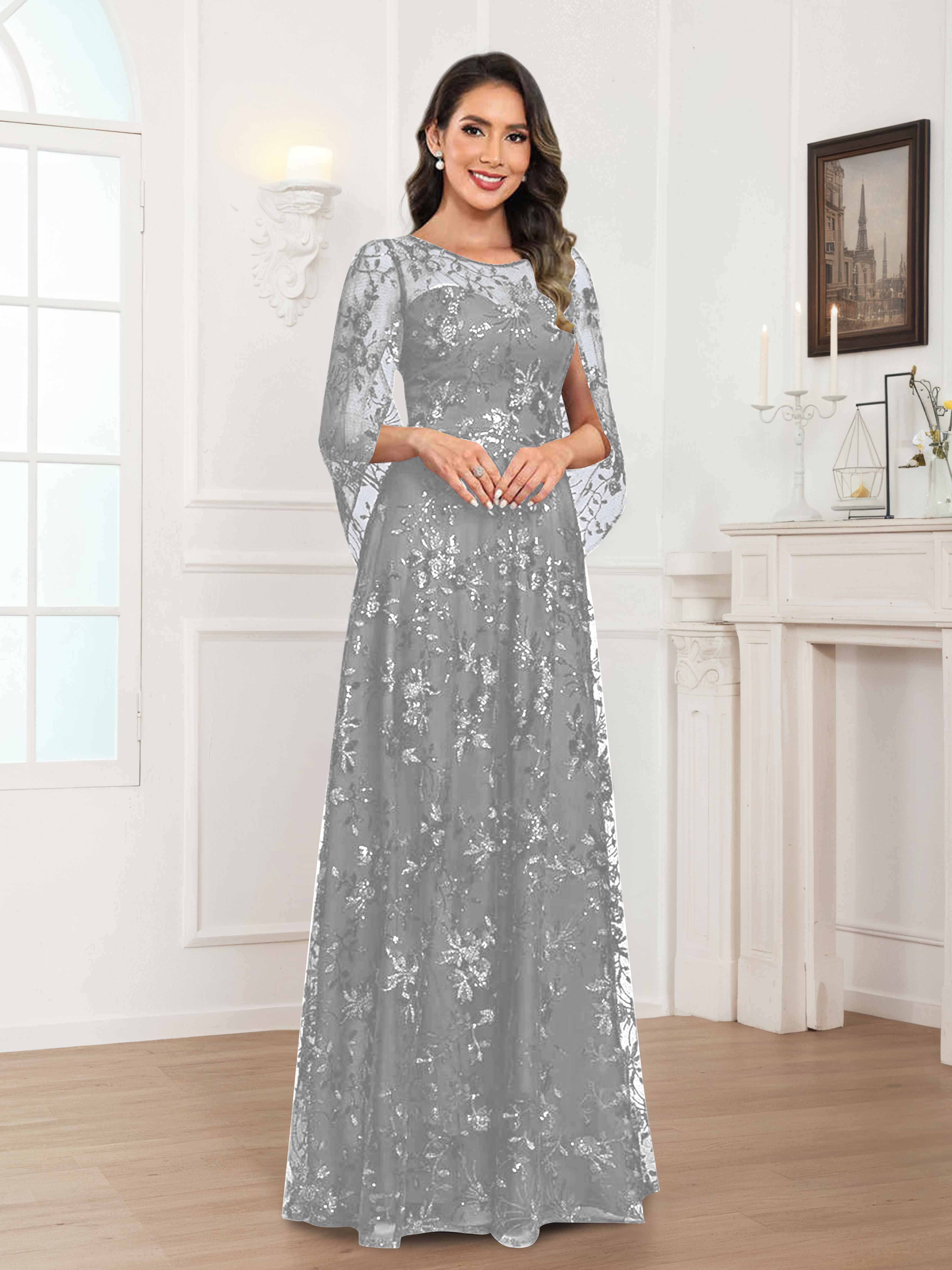 Quenella Romantic A-line Scoop Sequin Lace Long Mother of the Bride Dresses