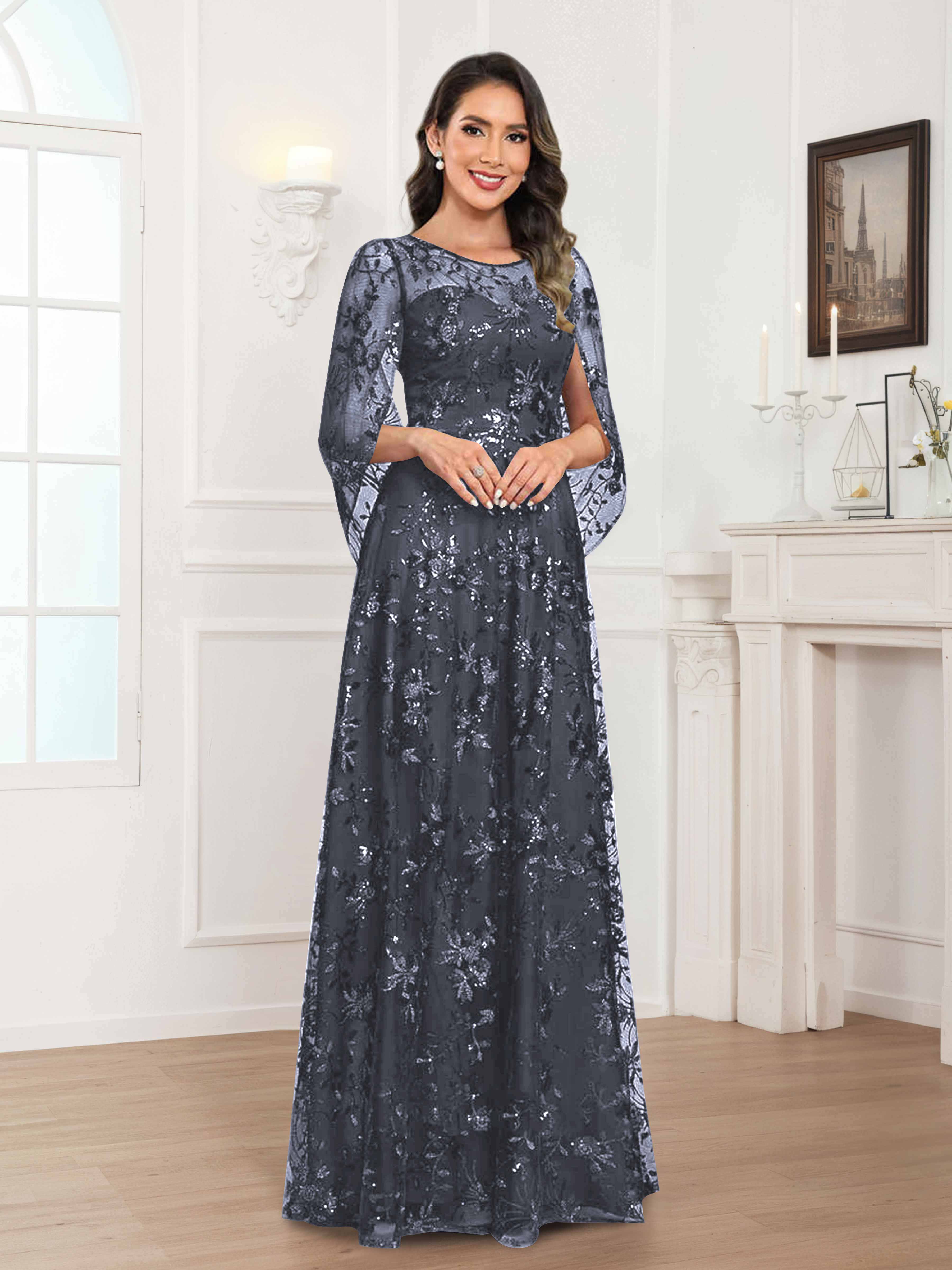 Quenella Romantic A-line Scoop Sequin Lace Long Mother of the Bride Dresses