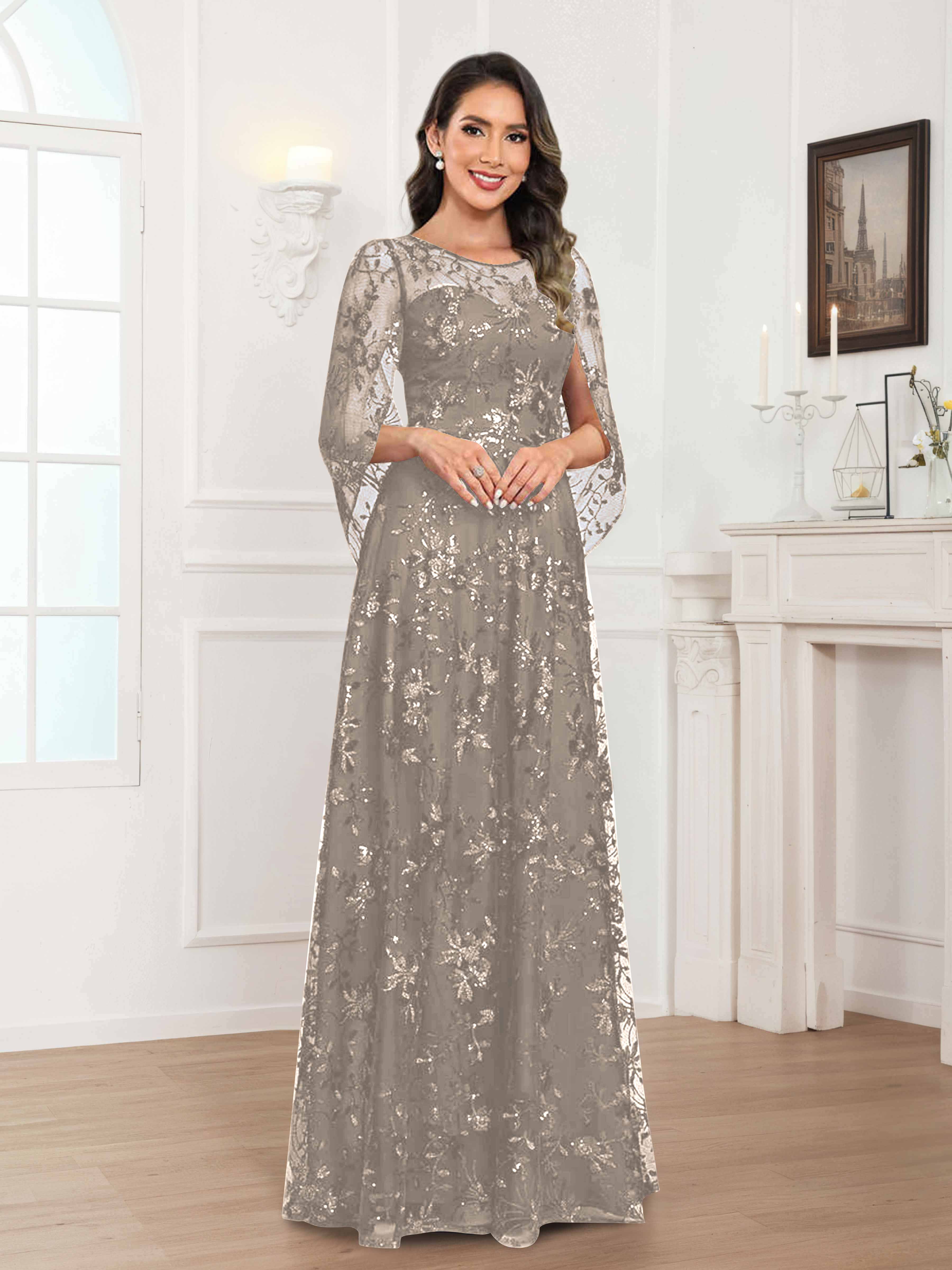 Quenella Romantic A-line Scoop Sequin Lace Long Mother of the Bride Dresses