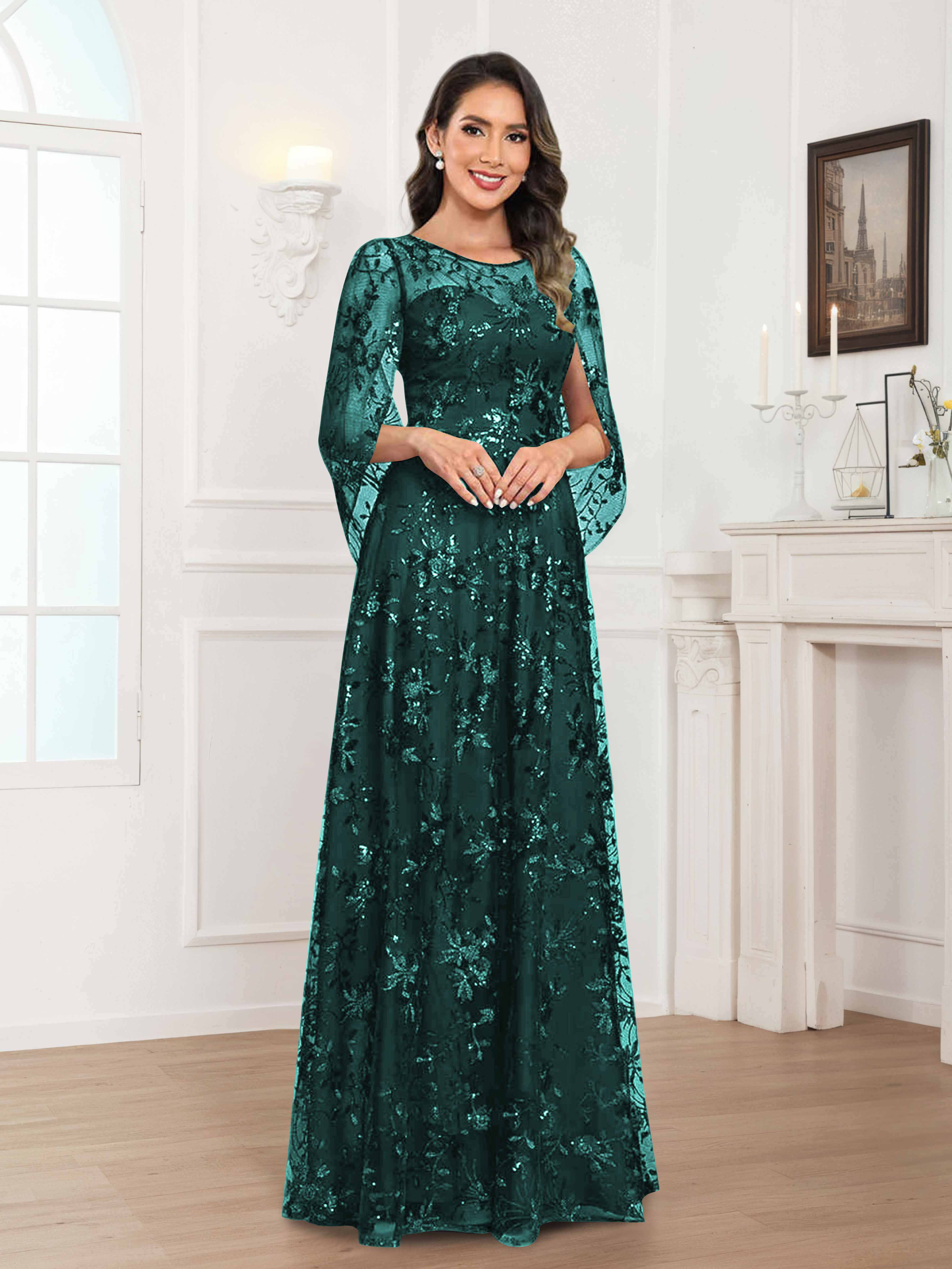 Quenella Romantic A-line Scoop Sequin Lace Long Mother of the Bride Dresses