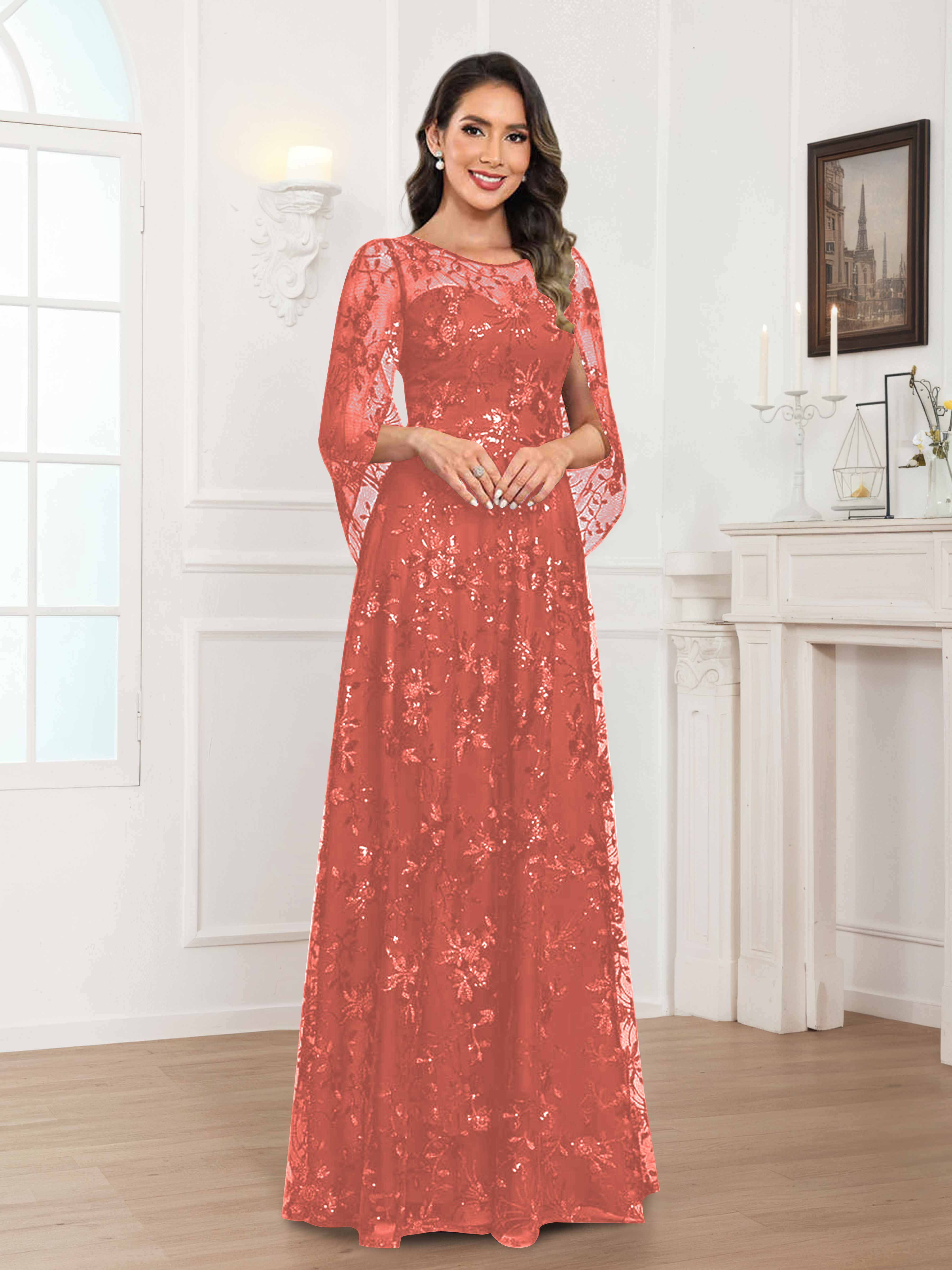 Quenella Romantic A-line Scoop Sequin Lace Long Mother of the Bride Dresses