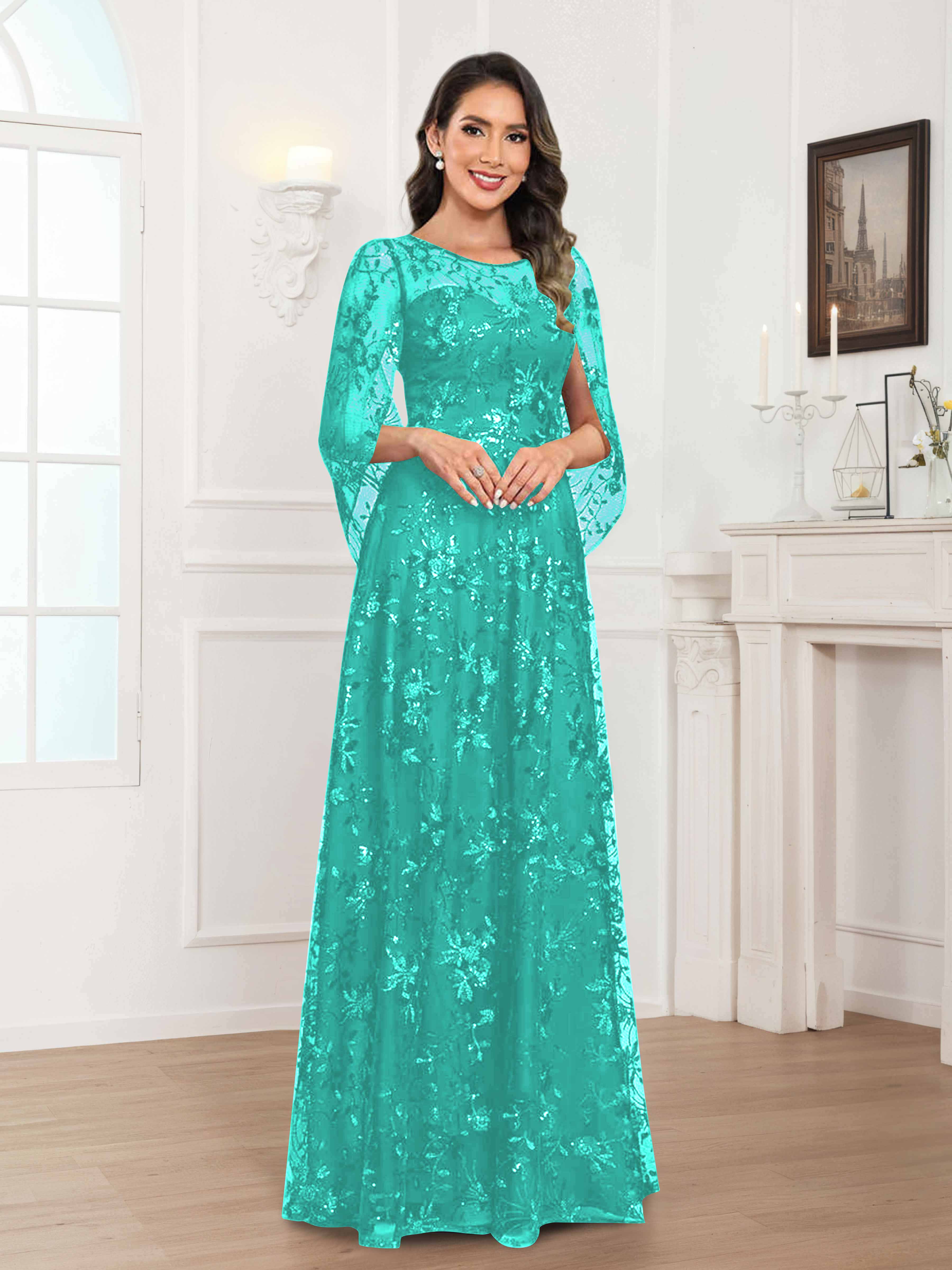 Quenella Romantic A-line Scoop Sequin Lace Long Mother of the Bride Dresses