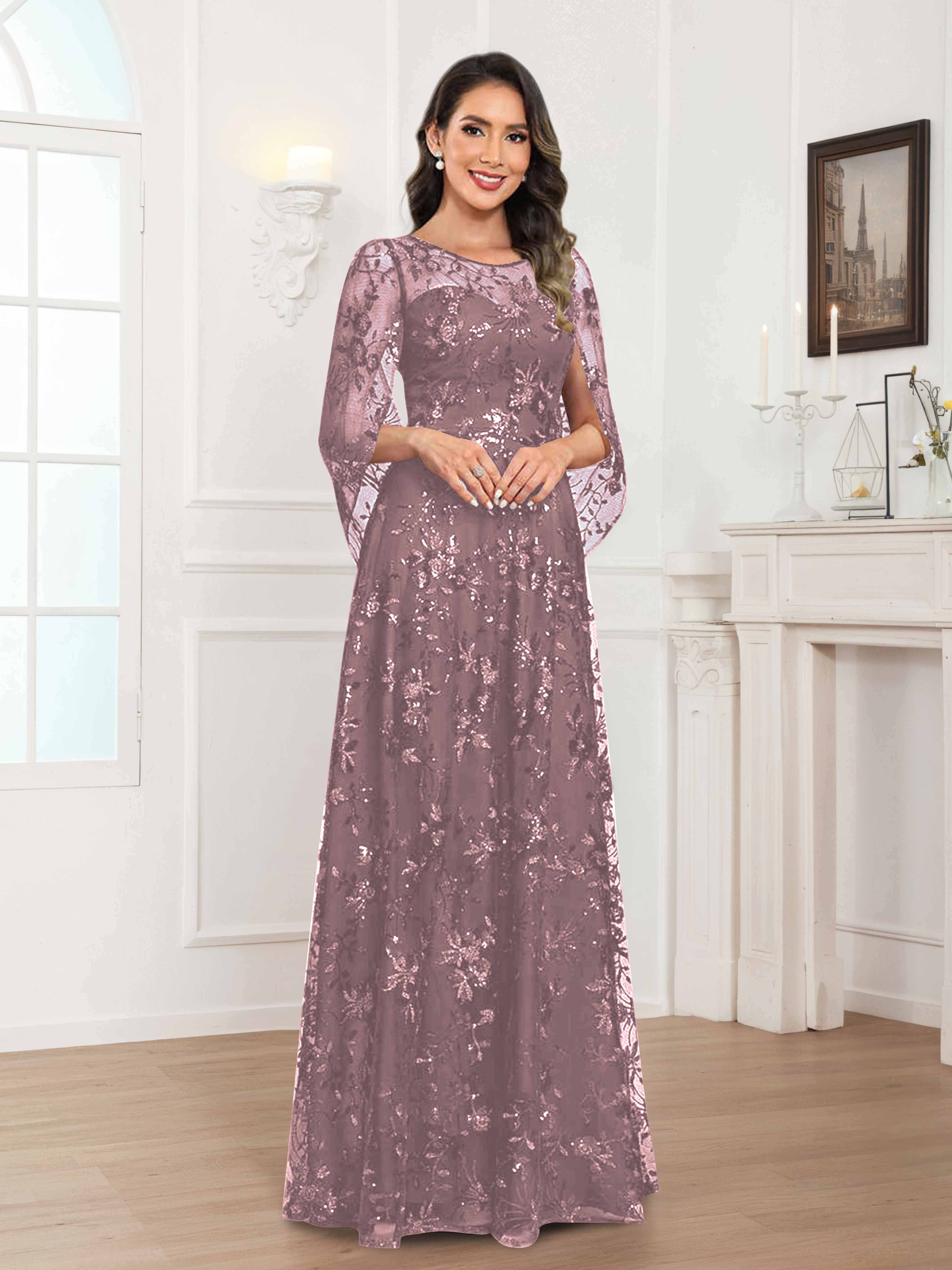 Quenella Romantic A-line Scoop Sequin Lace Long Mother of the Bride Dresses