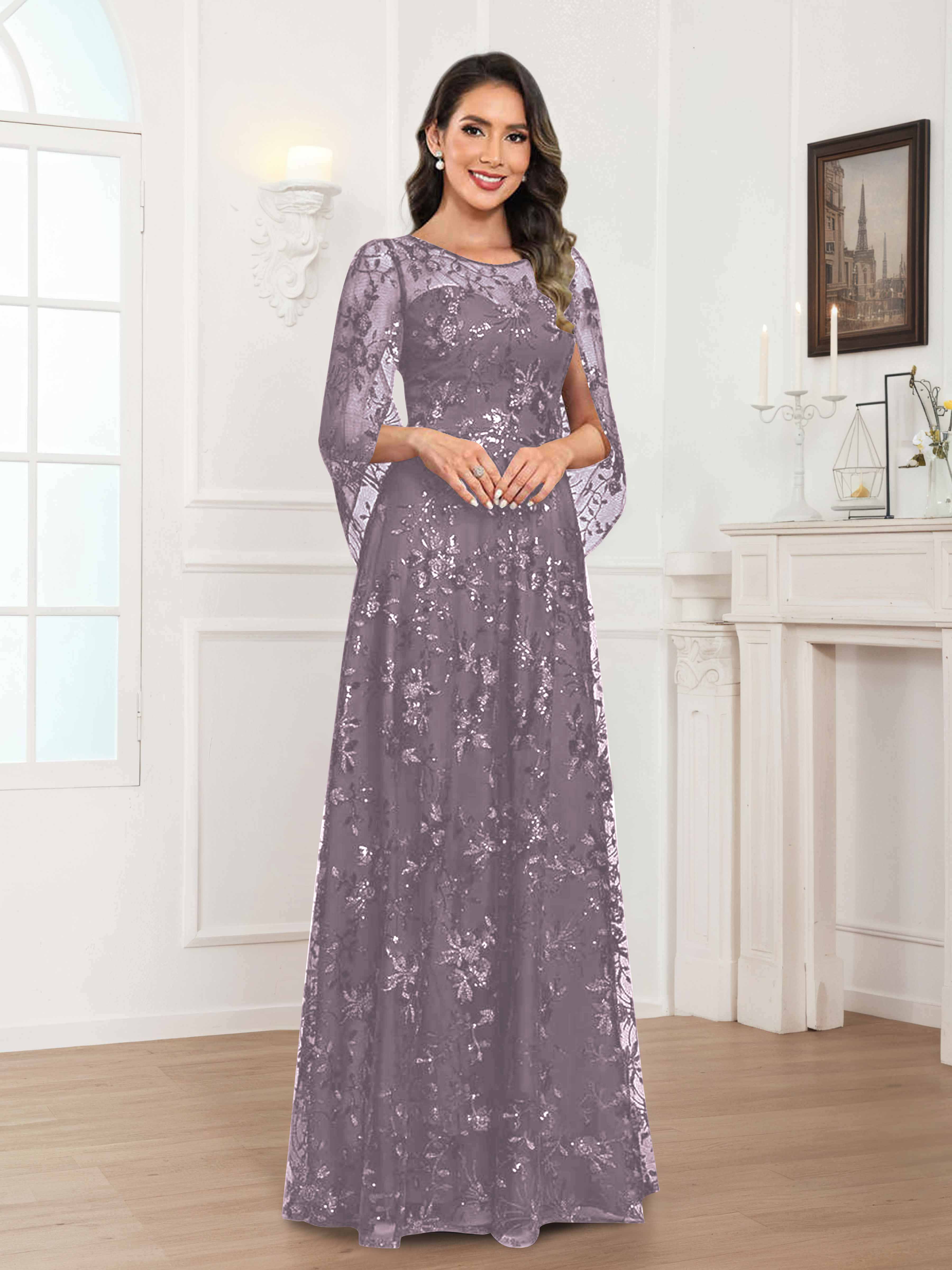 Quenella Romantic A-line Scoop Sequin Lace Long Mother of the Bride Dresses