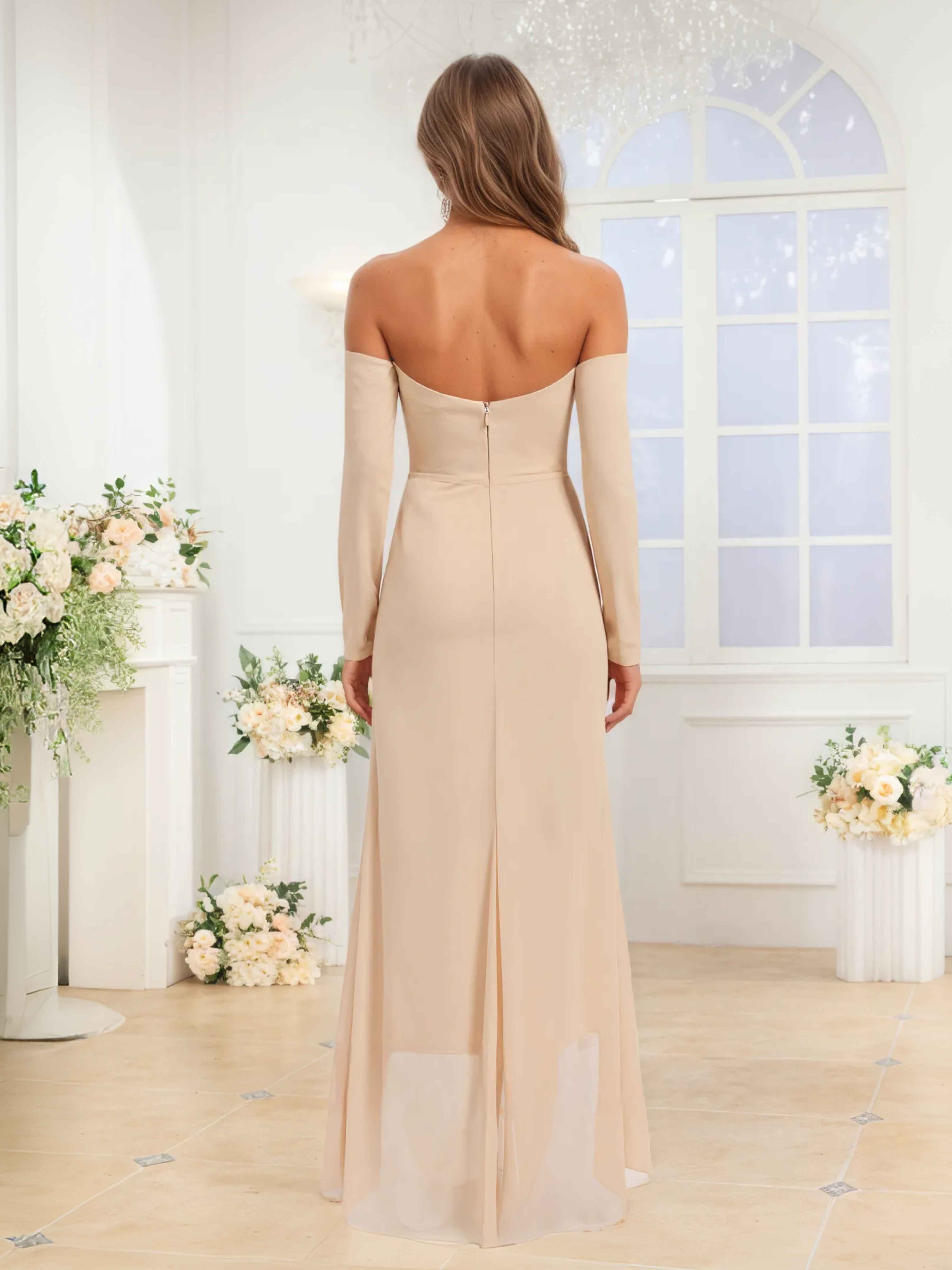 Quinlan Unique Off the Shoulder Ruffles High Low Chiffon Bridesmaid Dresses