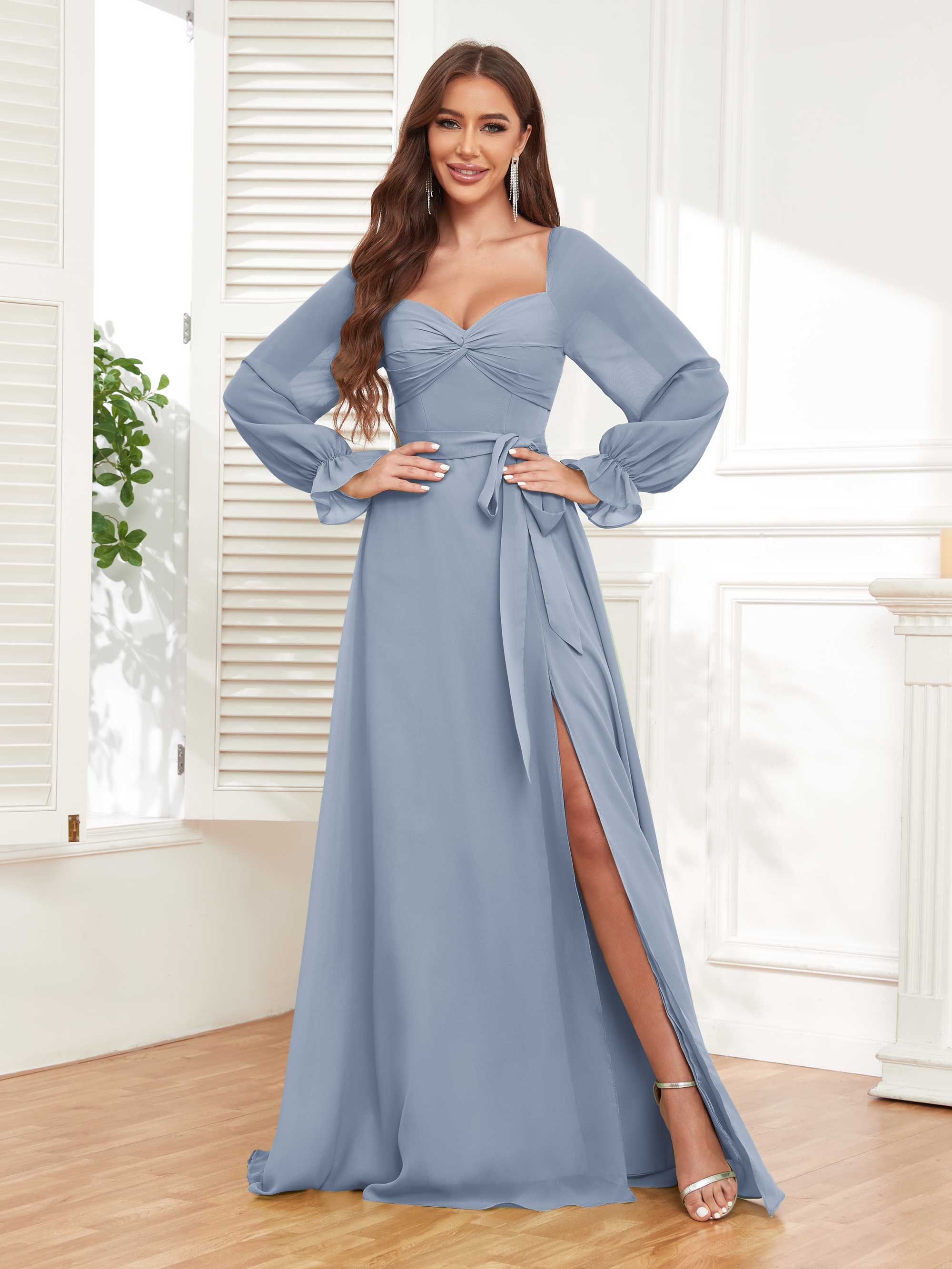 Raegan Graceful Long Sleeves Slit Chiffon Bridesmaid Dresses