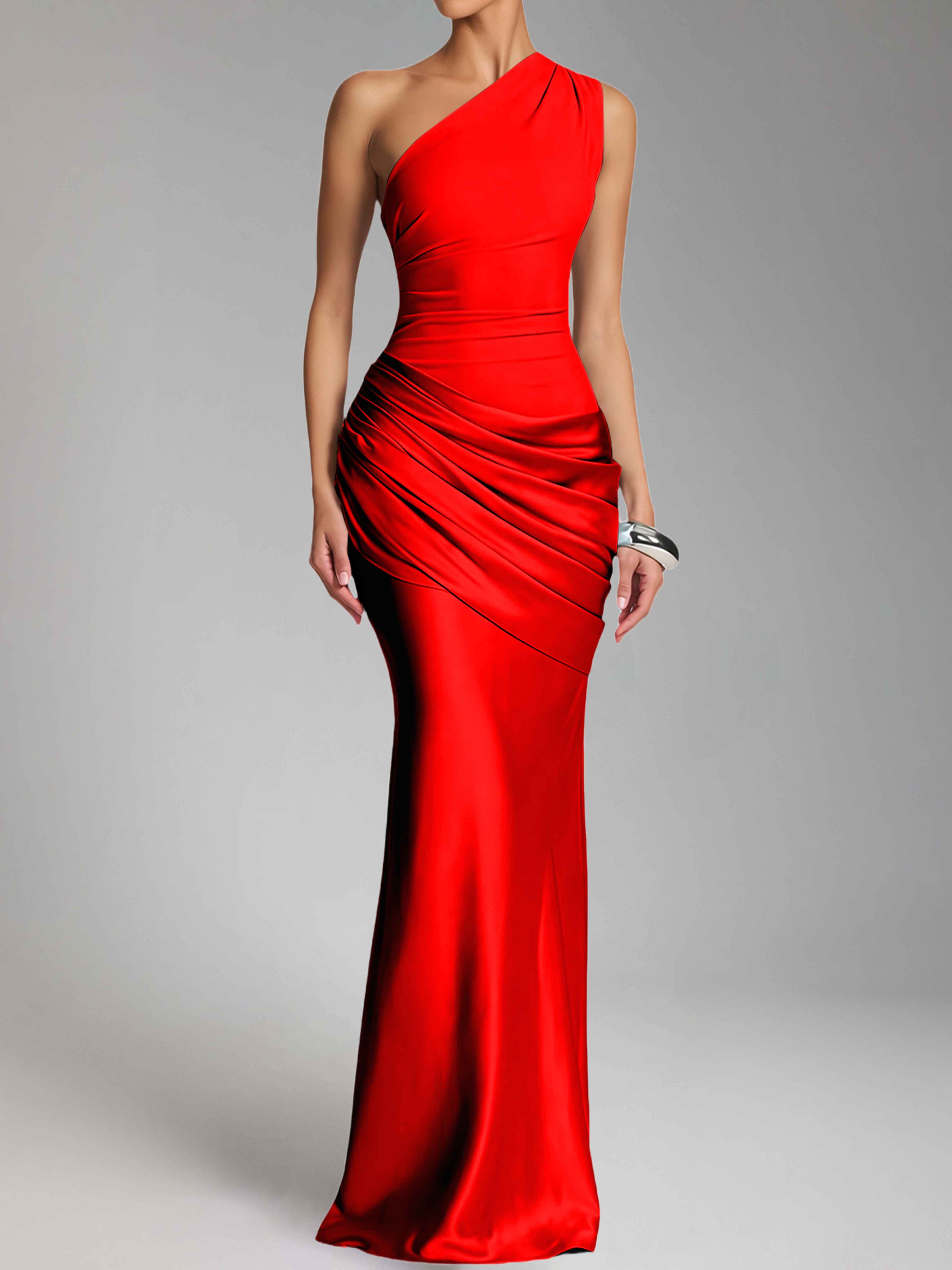 Jaelithra Elegant One Shoulder Pleated Satin Long Prom Dresses