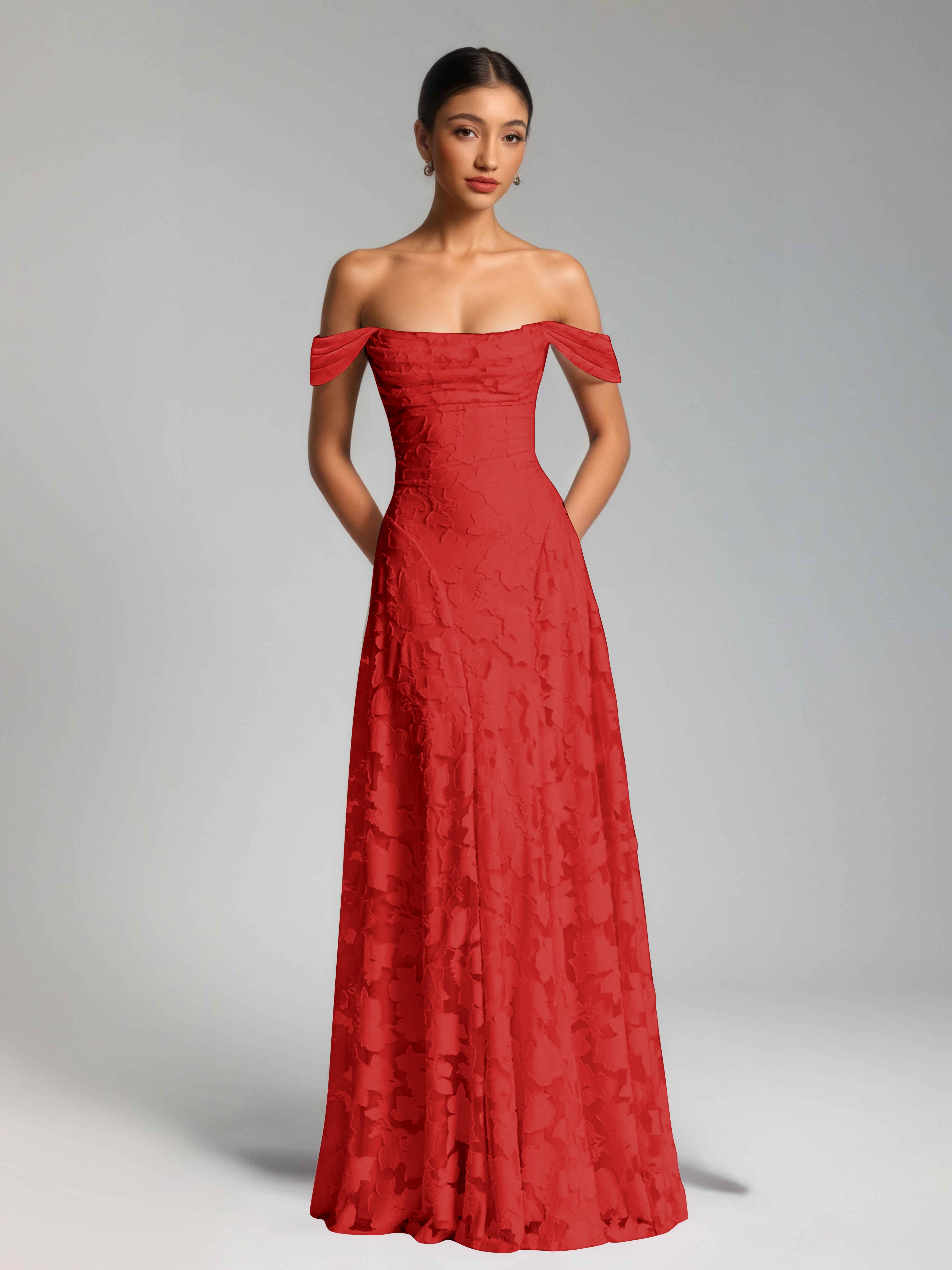 Oraelithra Graceful A-Line Off the Shoulder Floor Length Jacquard Bridesmaid Dresses