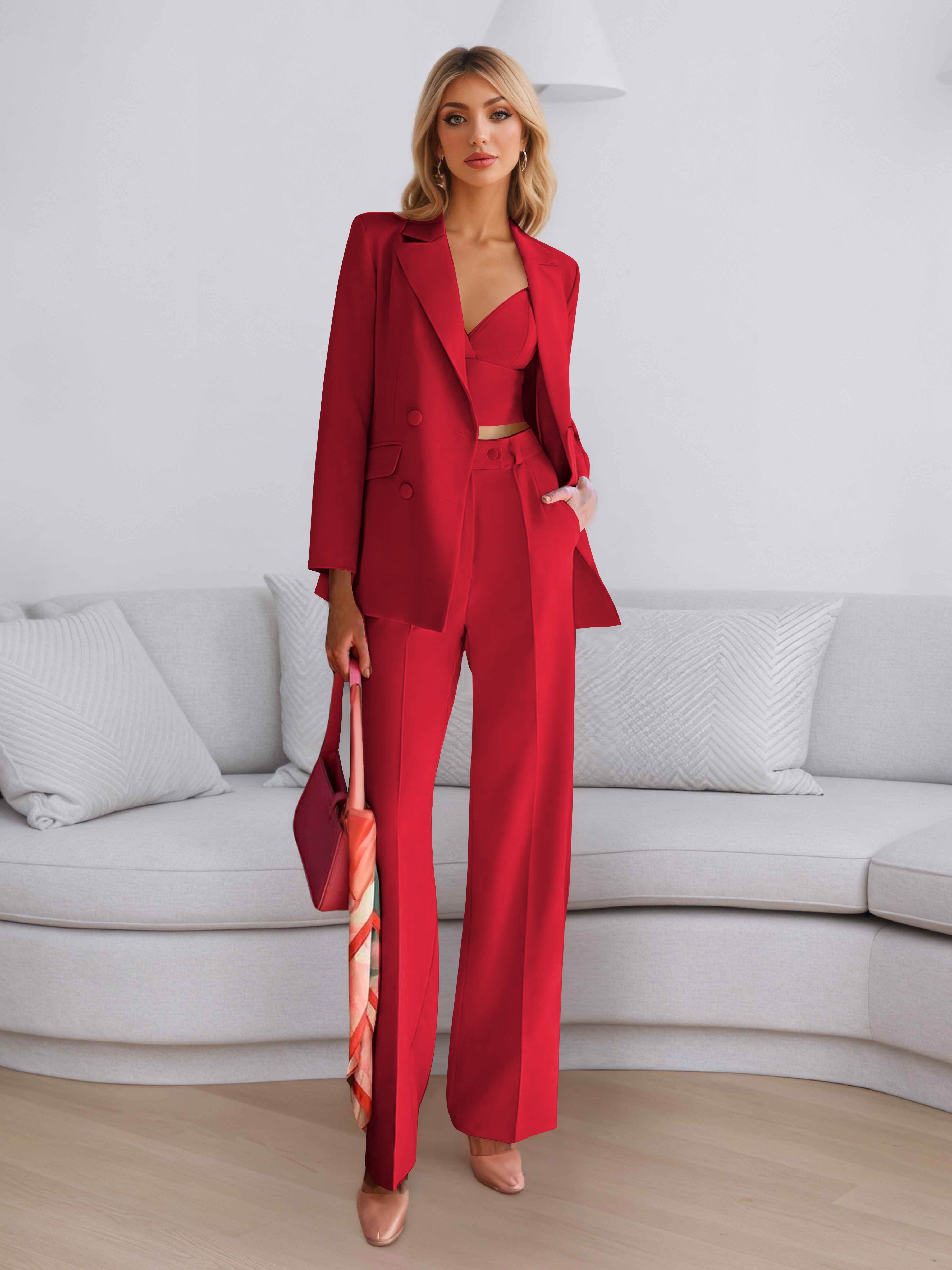 Elegant Women's 3 Pieces Solid Formal Blazer and Pants Suit Set UK