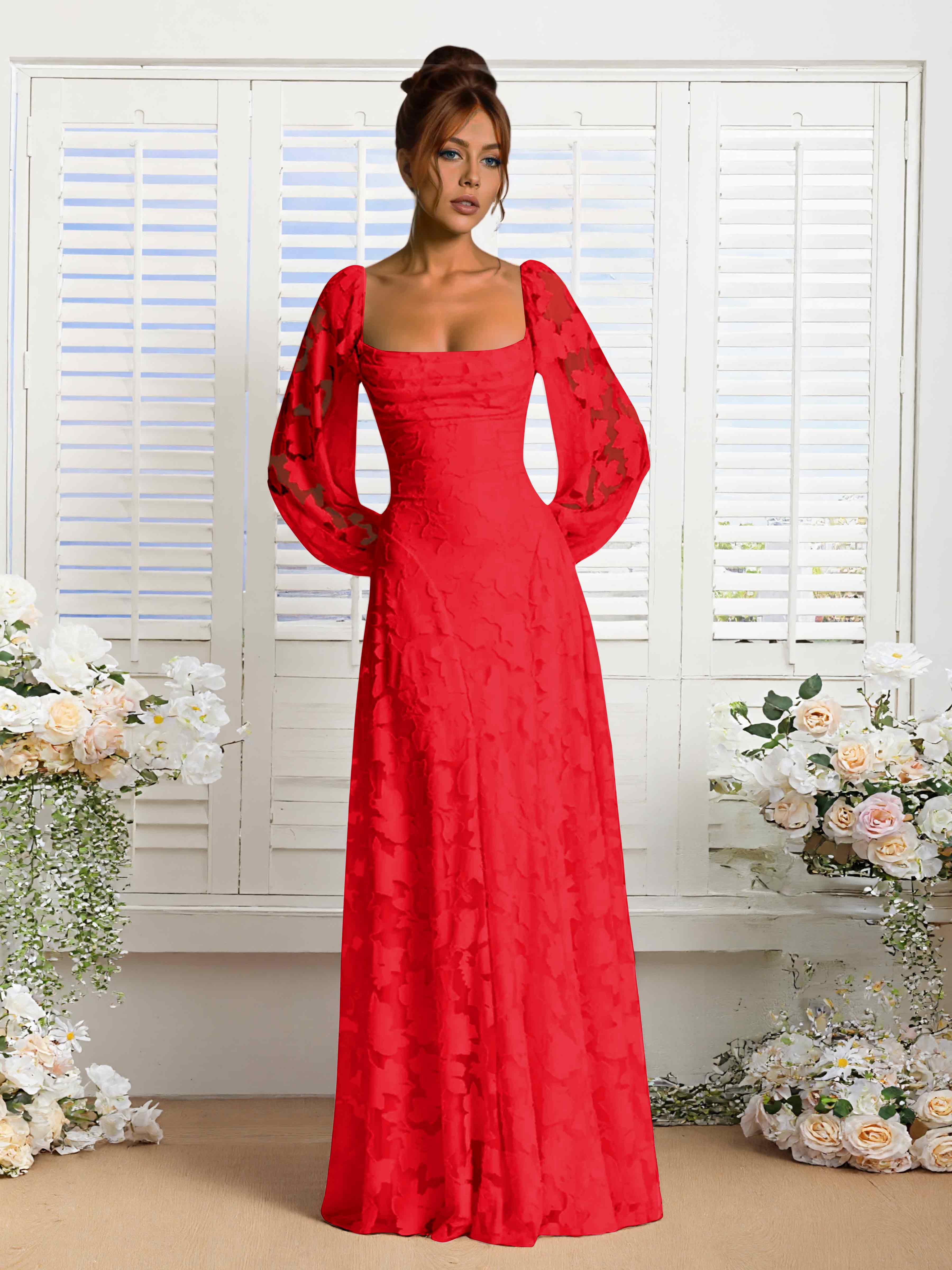 Xandra Delicate Long Sleeves Ruched Long Floral Lace Formal Dresses