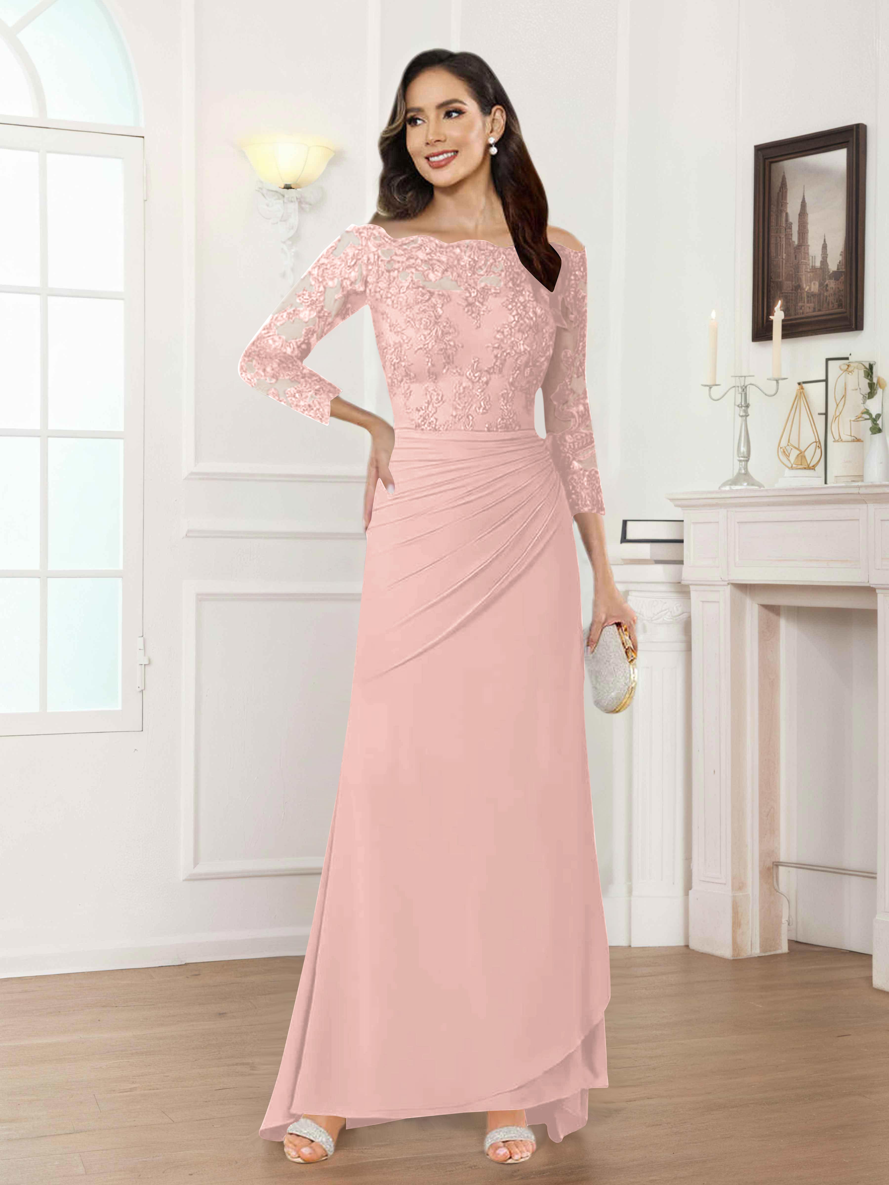 Riva Unique Off the Shoulder Pleated Long Lace Chiffon Mother of the Bride Dresses