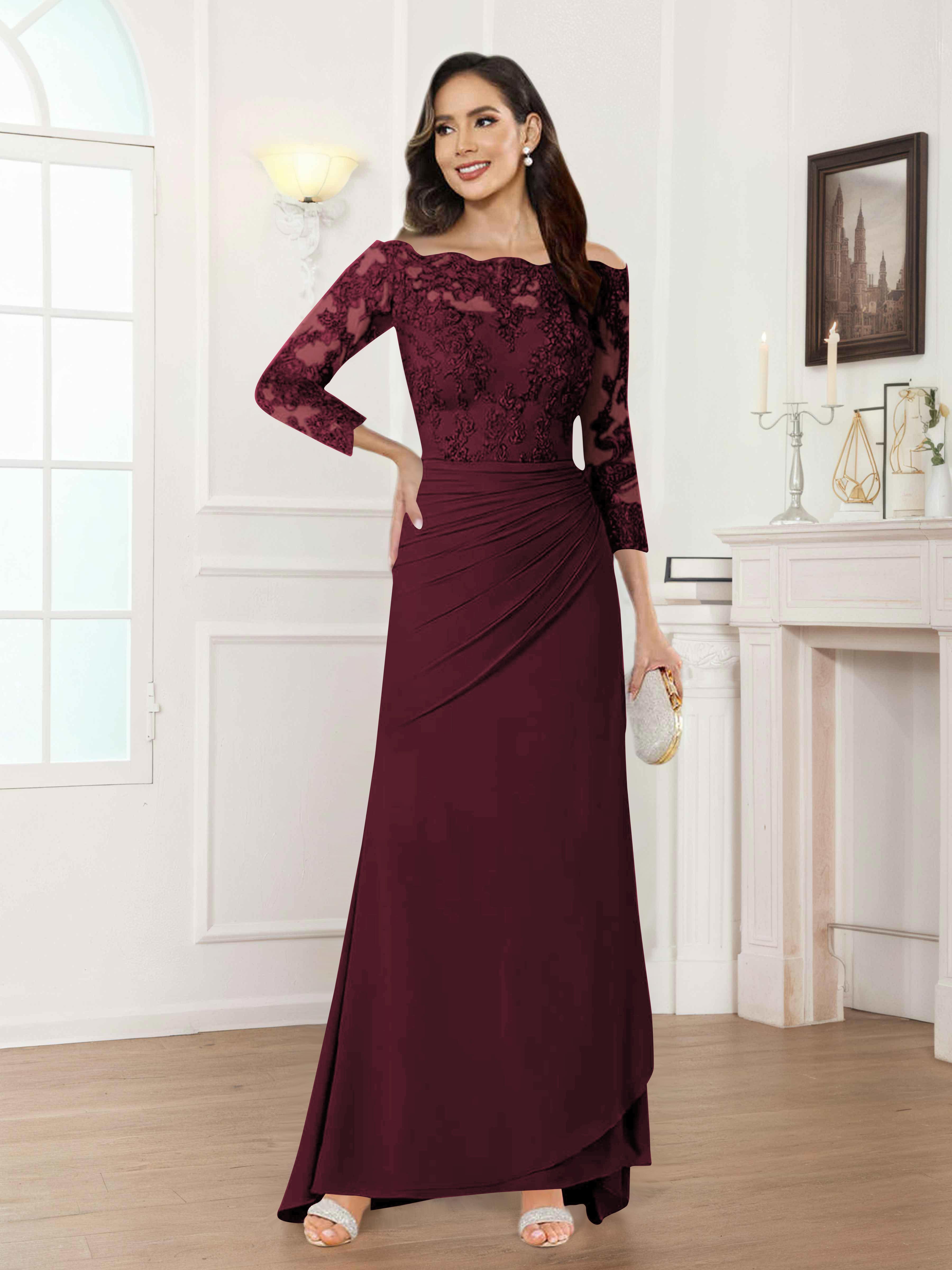 Riva Unique Off the Shoulder Pleated Long Lace Chiffon Mother of the Bride Dresses