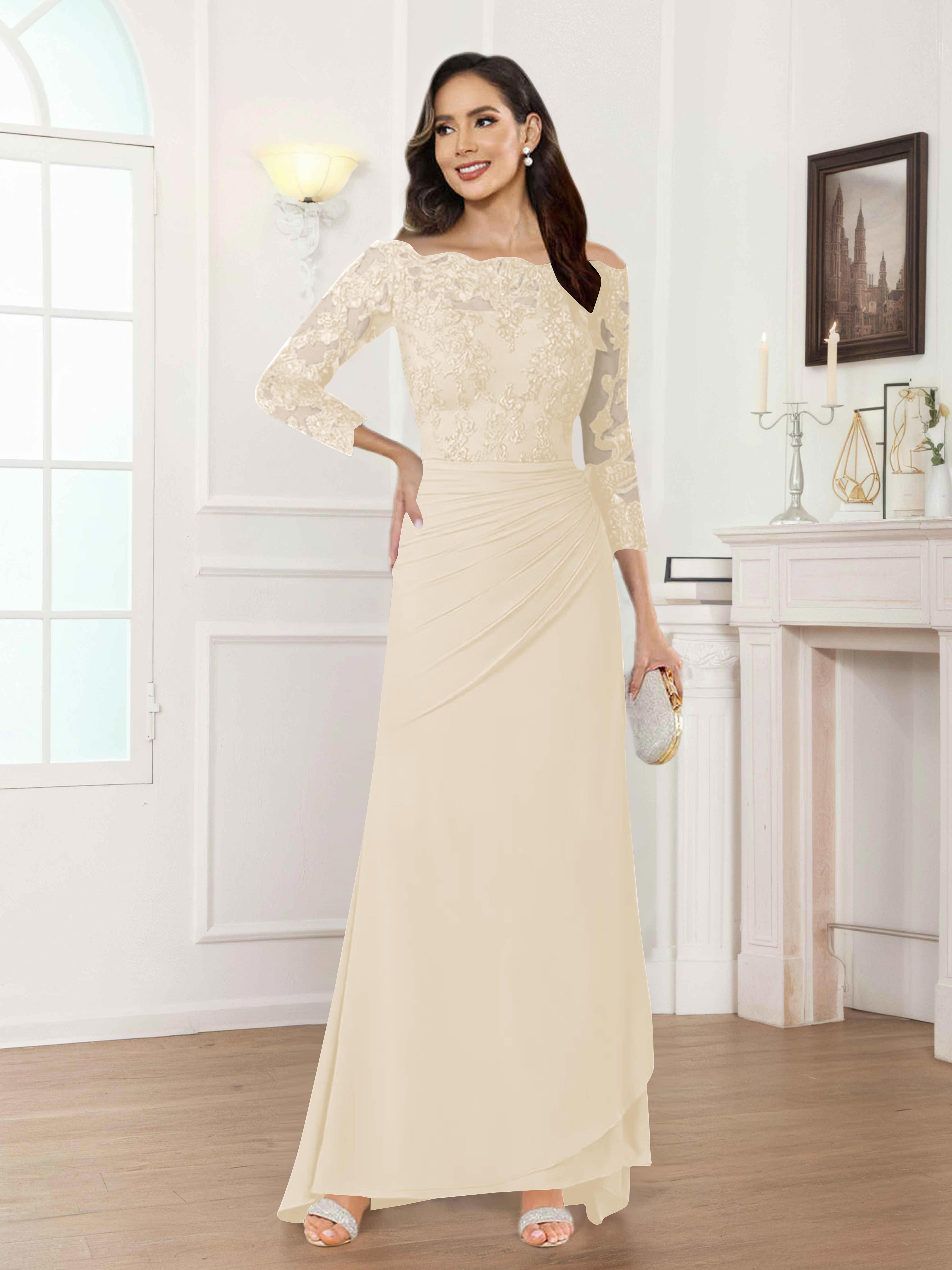 Riva Unique Off the Shoulder Pleated Long Lace Chiffon Mother of the Bride Dresses