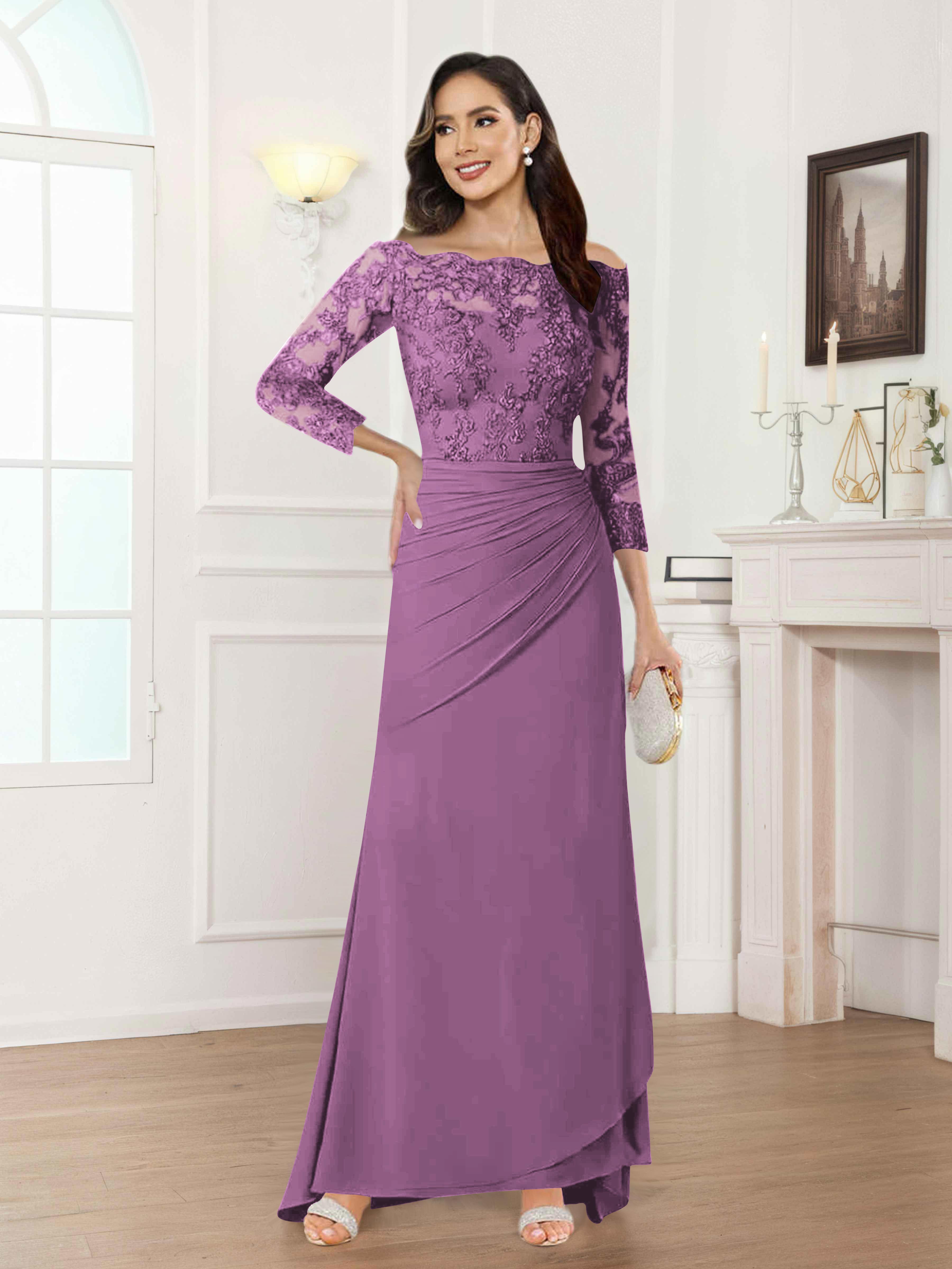 Riva Unique Off the Shoulder Pleated Long Lace Chiffon Mother of the Bride Dresses