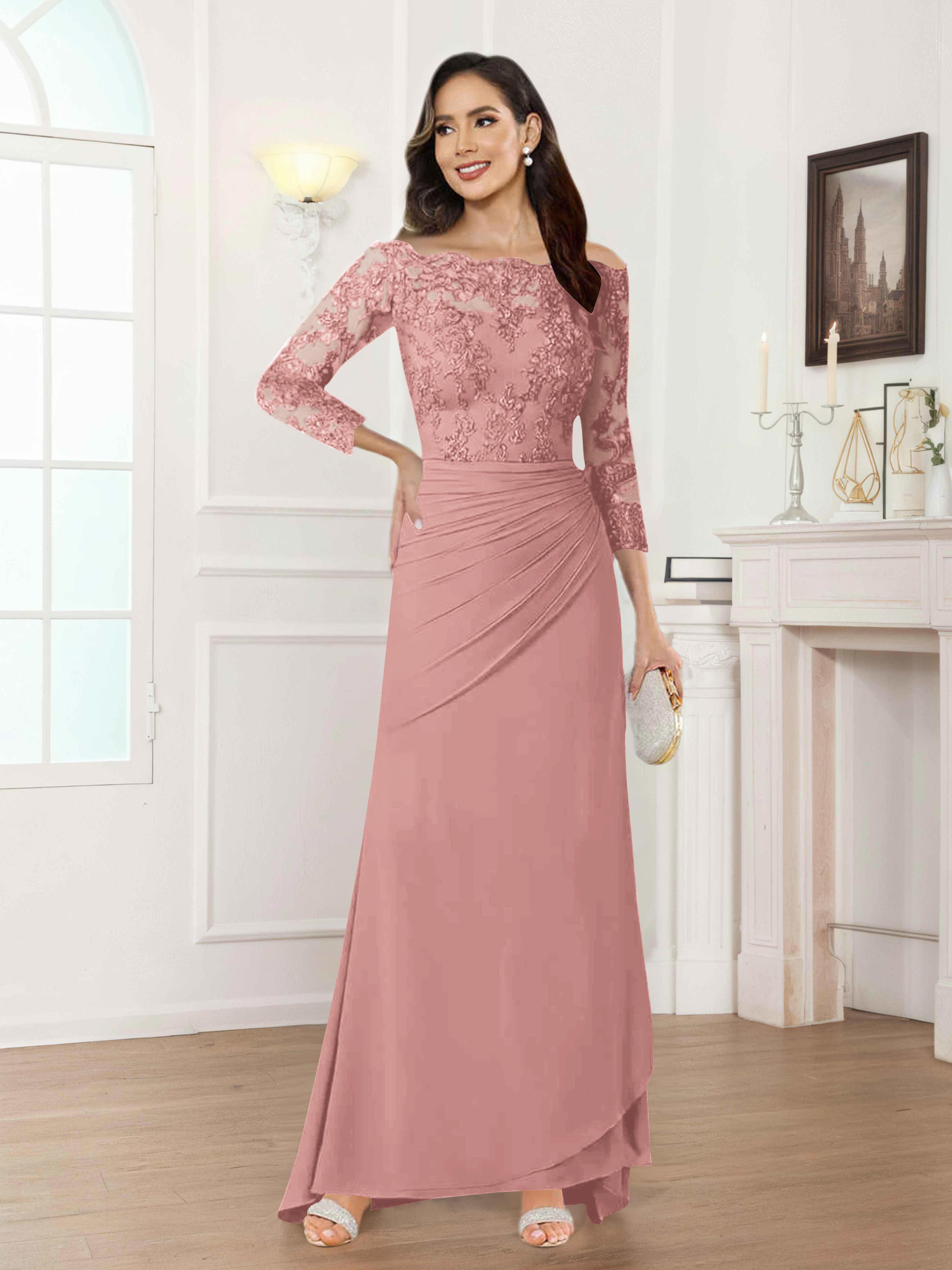 Riva Unique Off the Shoulder Pleated Long Lace Chiffon Mother of the Bride Dresses