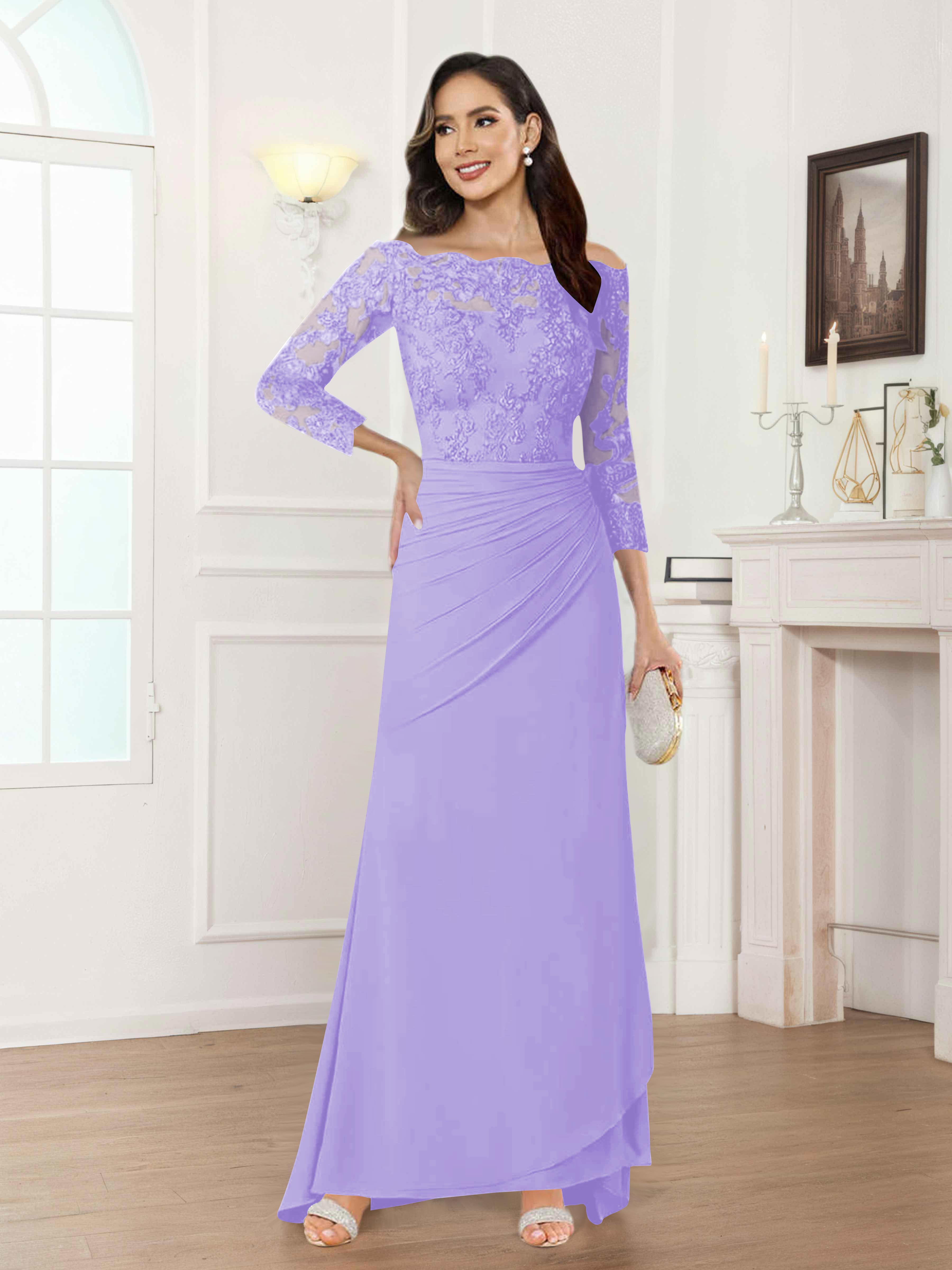 Riva Unique Off the Shoulder Pleated Long Lace Chiffon Mother of the Bride Dresses