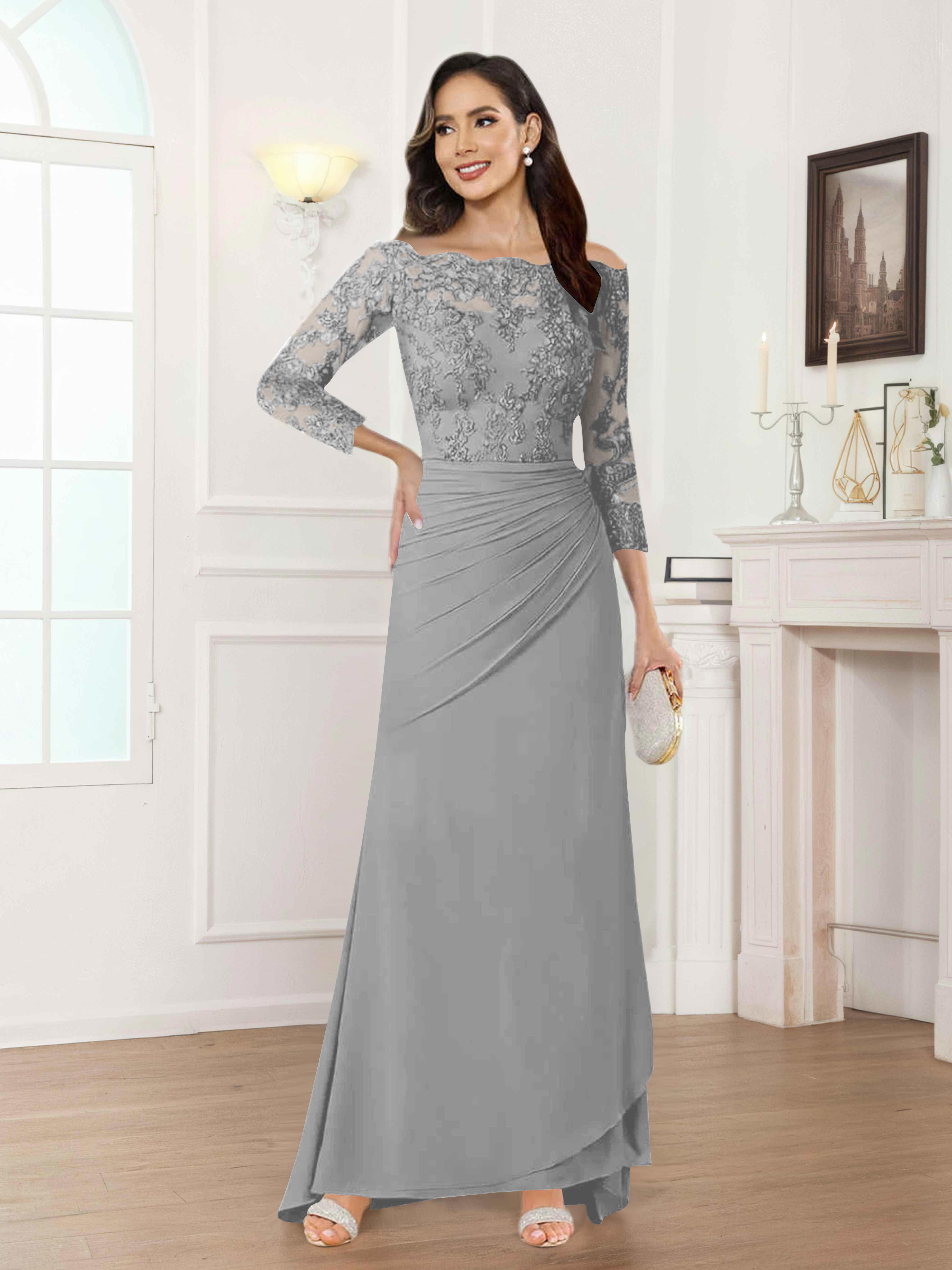 Riva Unique Off the Shoulder Pleated Long Lace Chiffon Mother of the Bride Dresses
