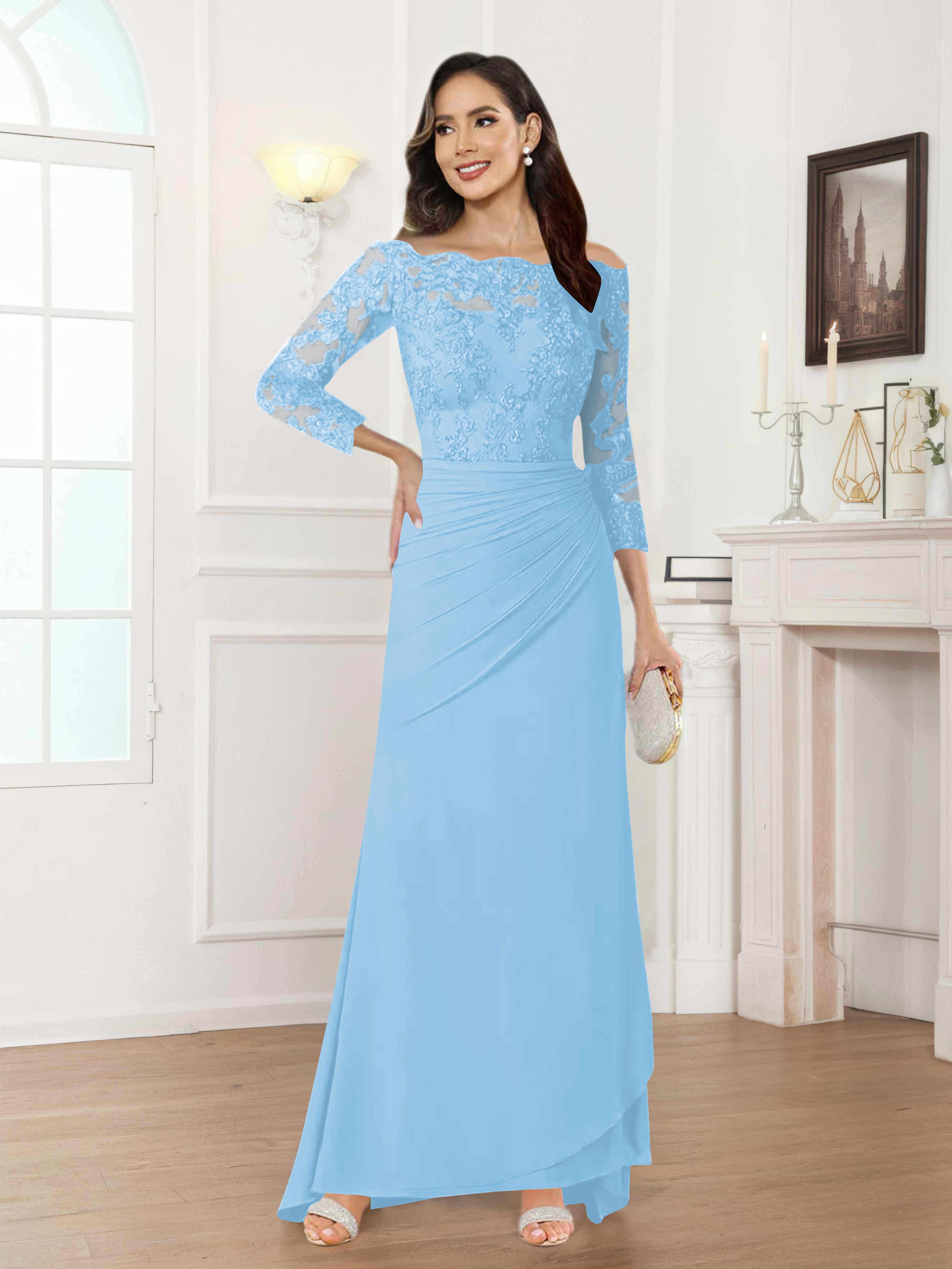 Riva Unique Off the Shoulder Pleated Long Lace Chiffon Mother of the Bride Dresses