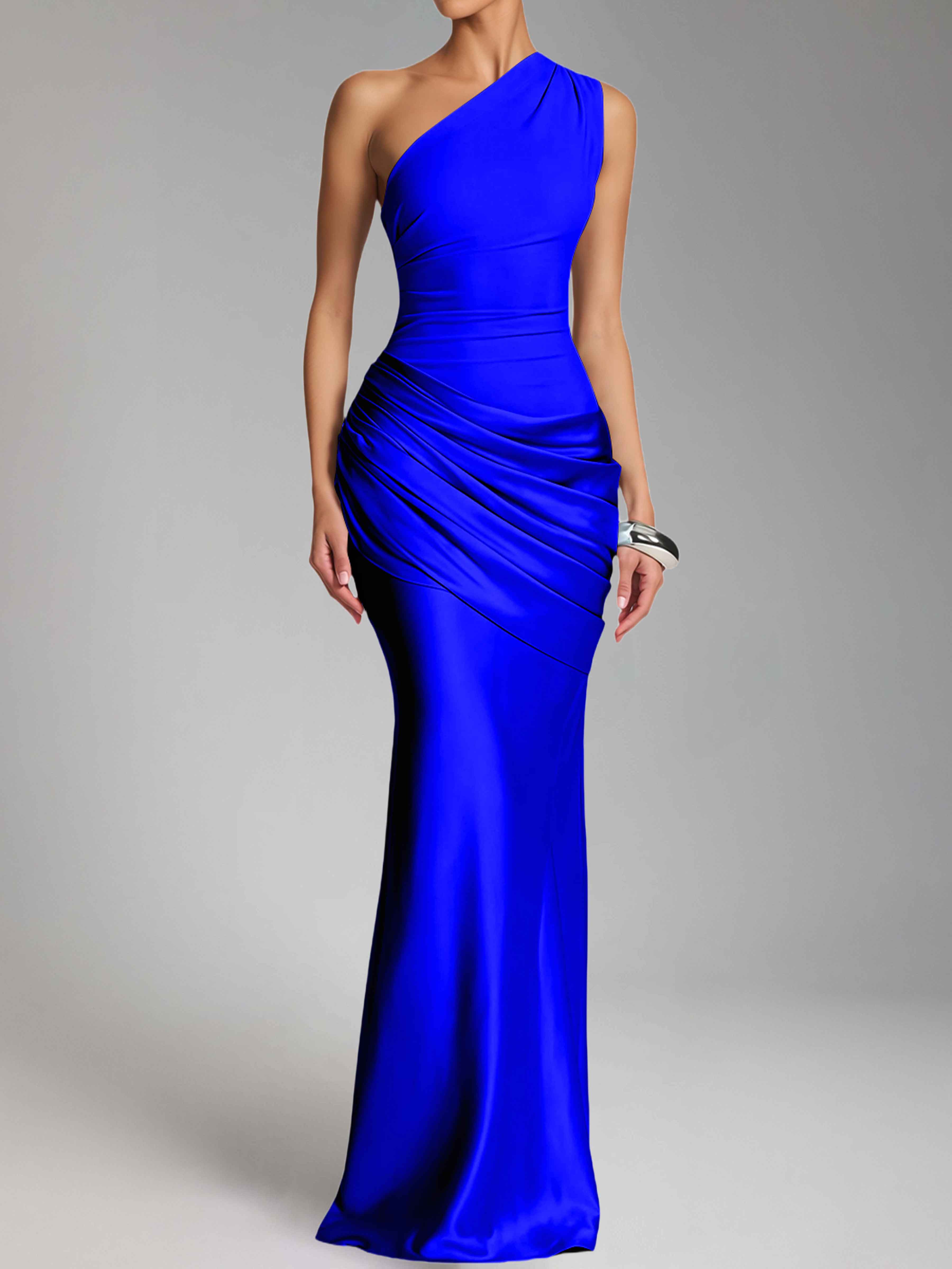 Jaelithra Elegant One Shoulder Pleated Satin Long Prom Dresses